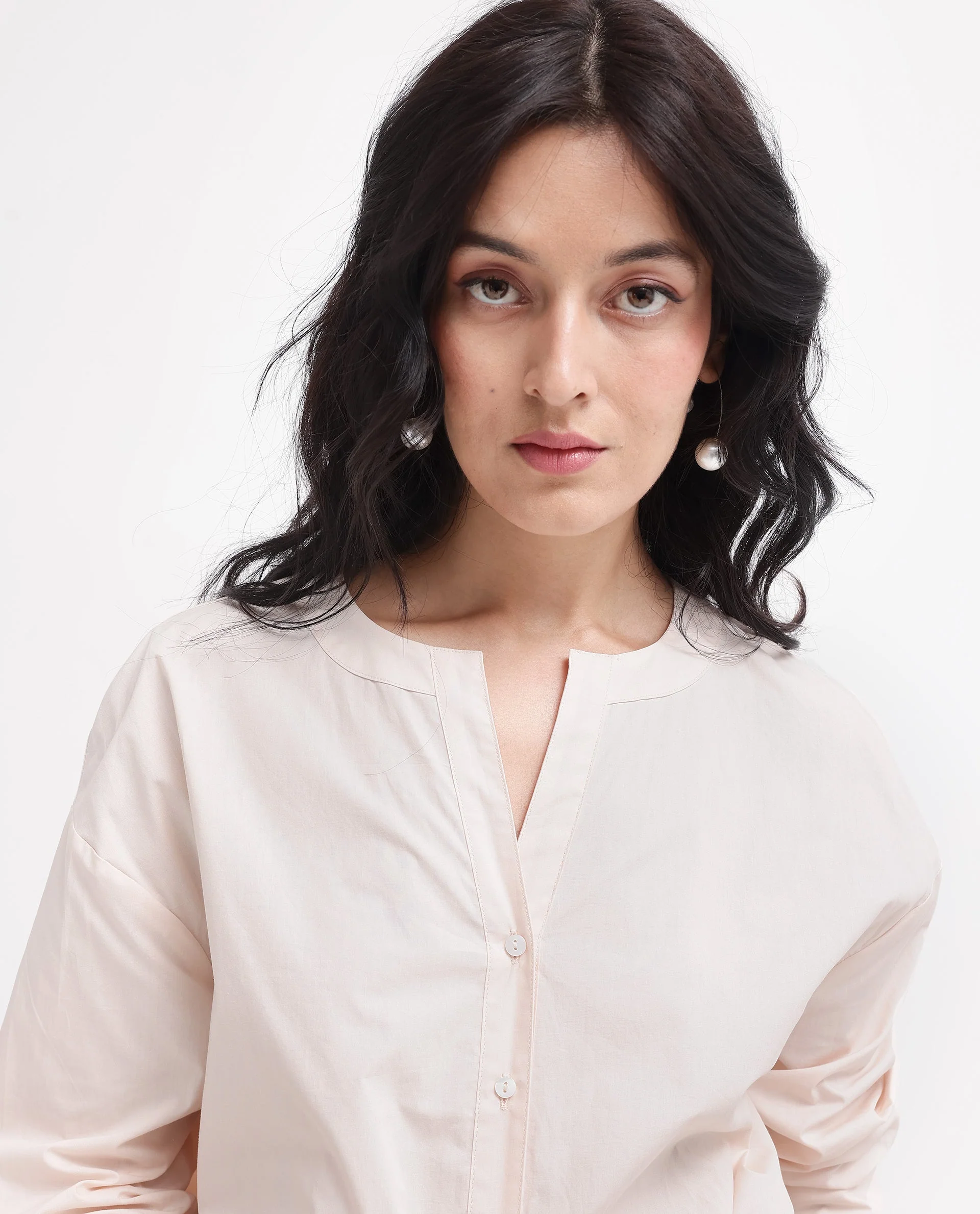 Rareism Women's Cuba-T Light Beige Cotton Mandarin Collar Plain Regular Fit Shirt - Image 3