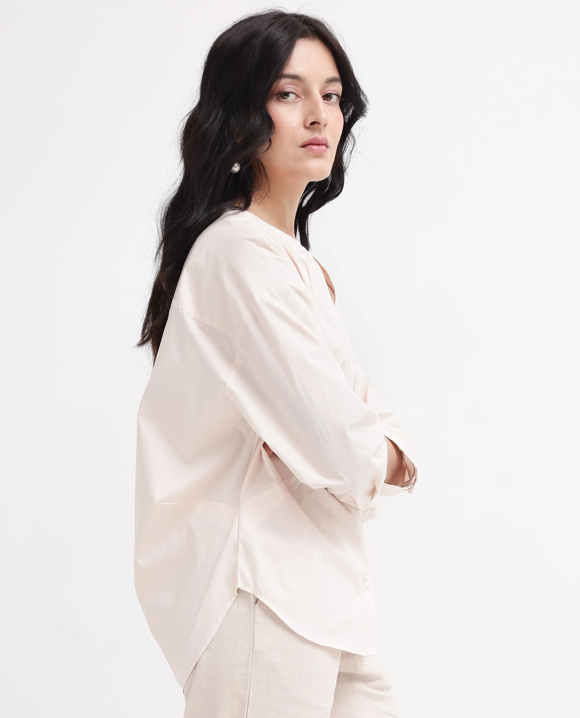 Rareism Women's Cuba-T Light Beige Cotton Mandarin Collar Plain Regular Fit Shirt - Image 4