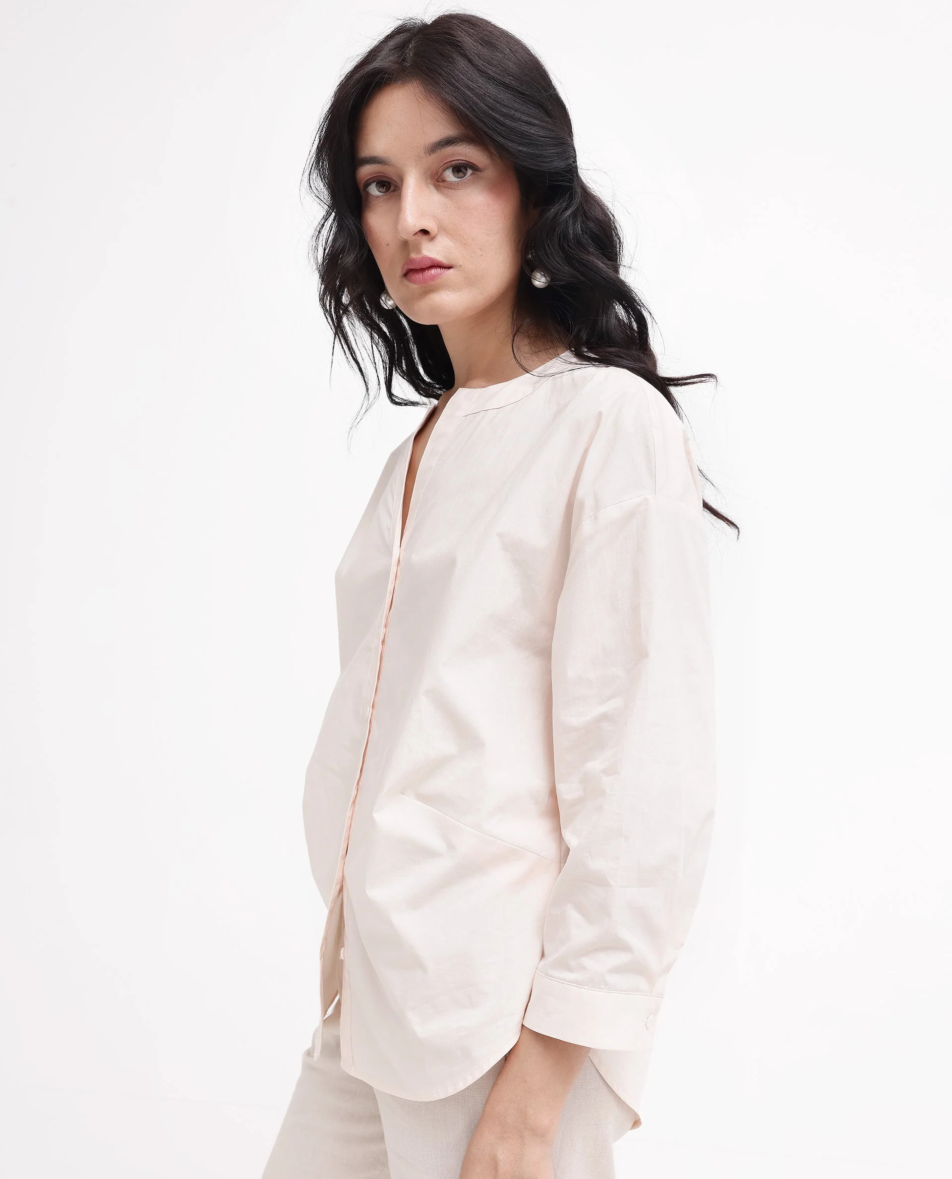 Rareism Women's Cuba-T Light Beige Cotton Mandarin Collar Plain Regular Fit Shirt - Image 5