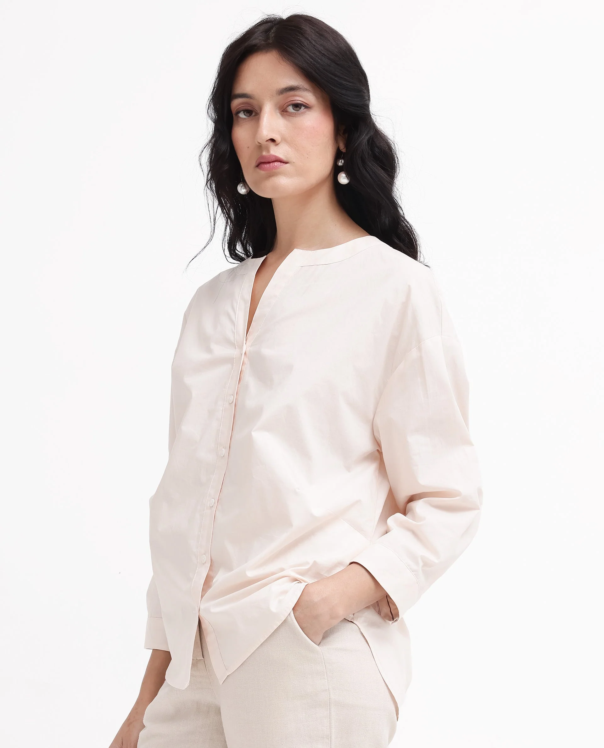 Rareism Women's Cuba-T Light Beige Cotton Mandarin Collar Plain Regular Fit Shirt - Image 6