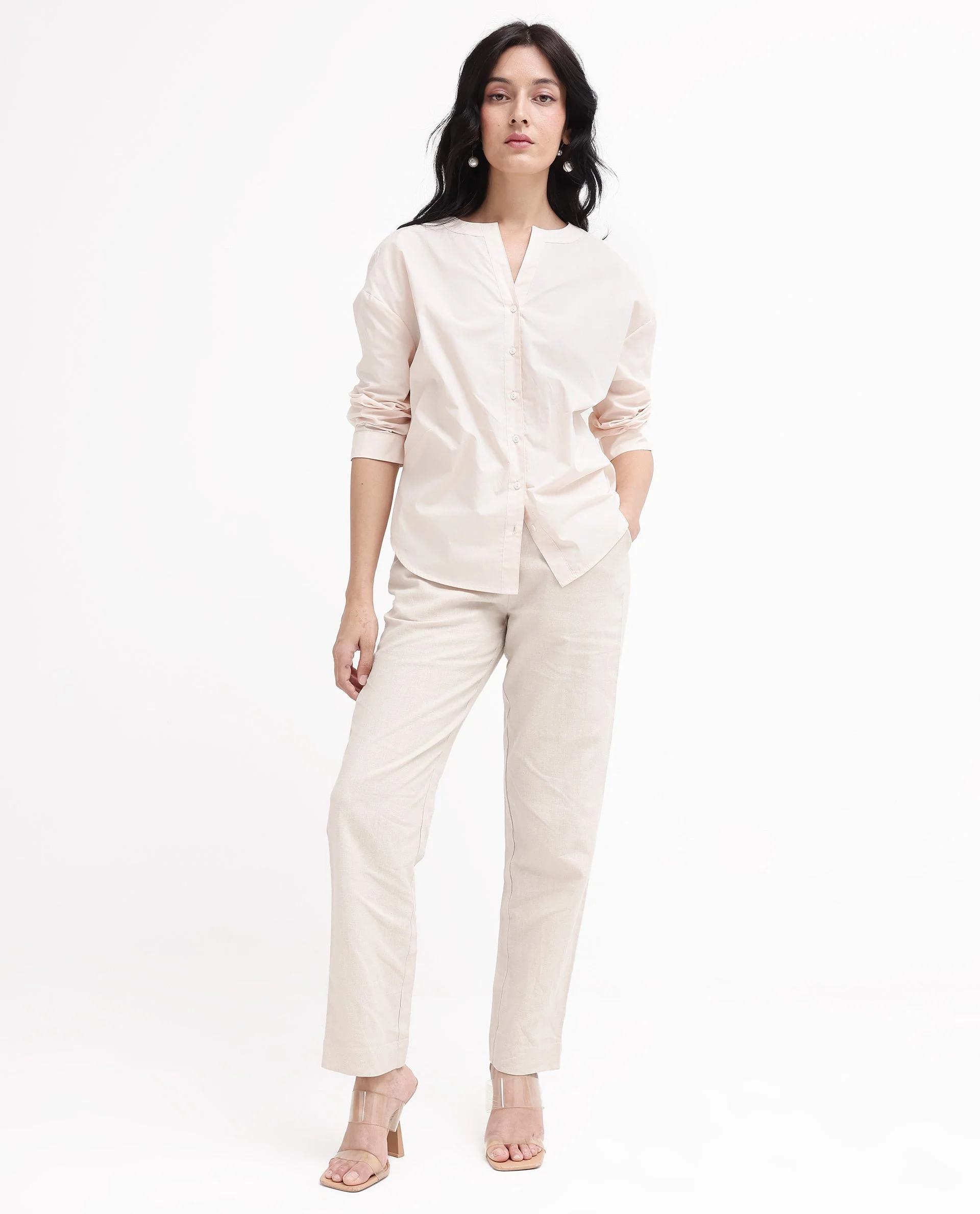 Rareism Women's Cuba-T Light Beige Cotton Mandarin Collar Plain Regular Fit Shirt - Image 9