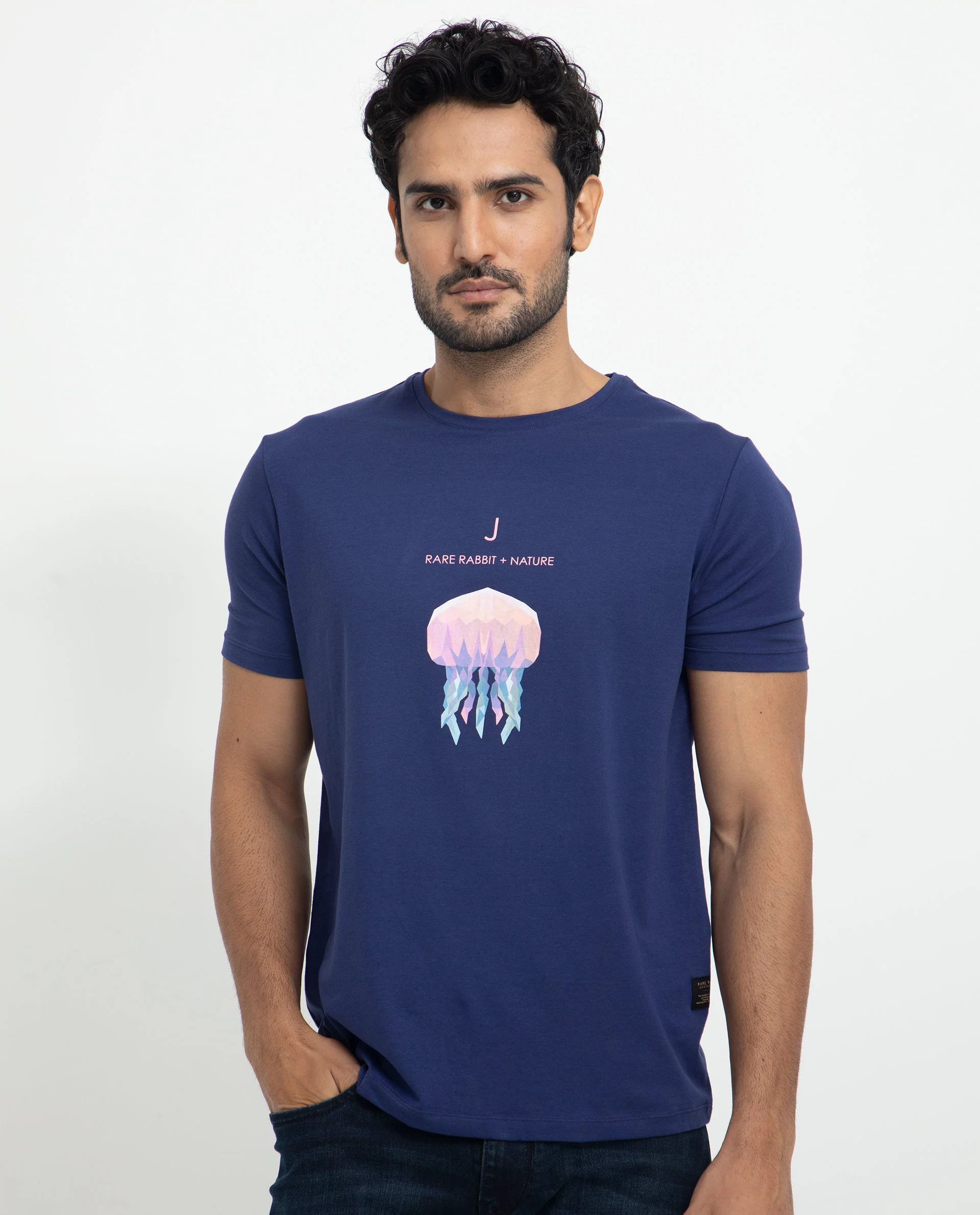 Rare Rabbit Men's Cubana Blue Cotton Graphic Print Slim Fit Half Sleeve Crew Neck T-Shirt