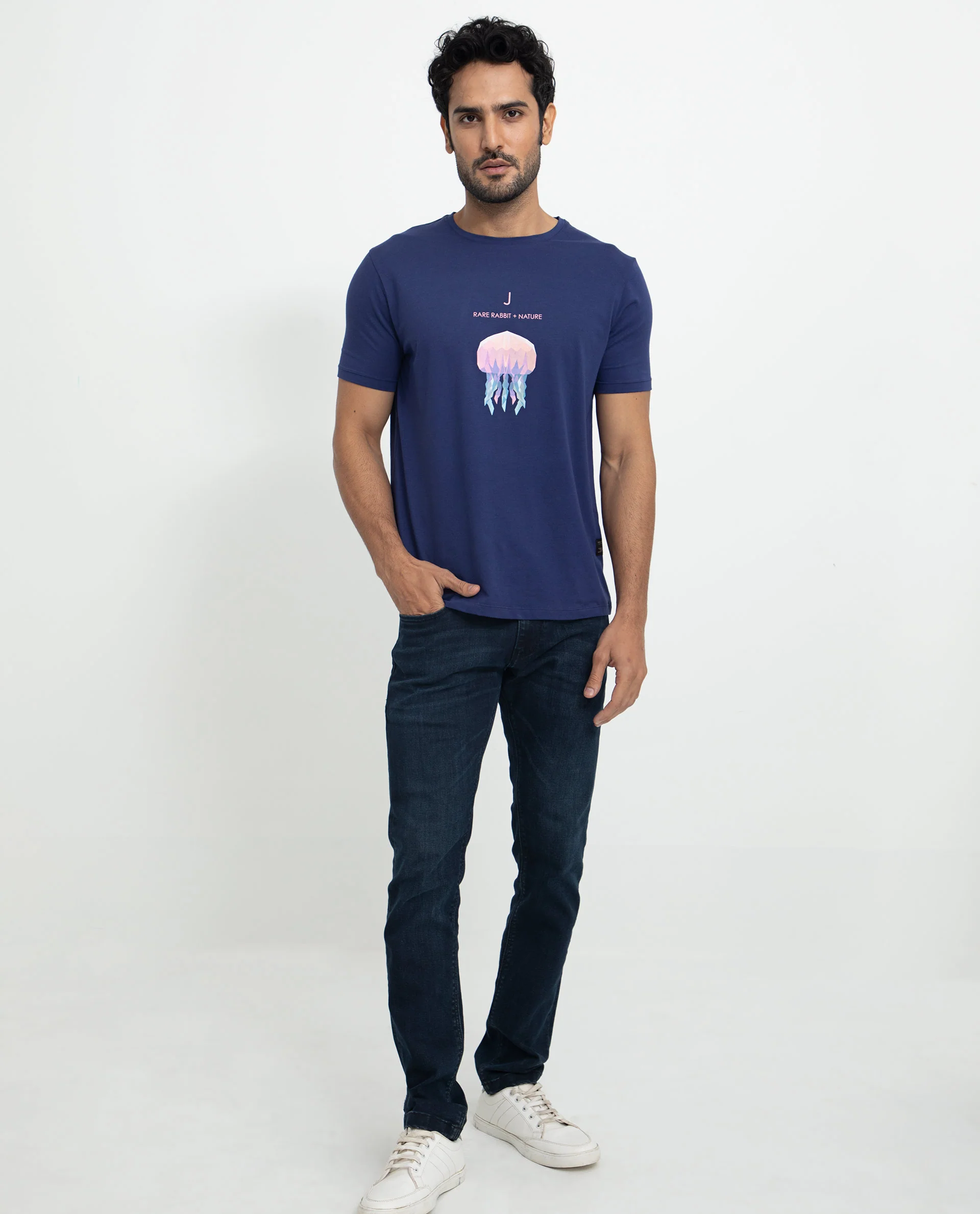 Rare Rabbit Men's Cubana Blue Cotton Graphic Print Slim Fit Half Sleeve Crew Neck T-Shirt - Image 4
