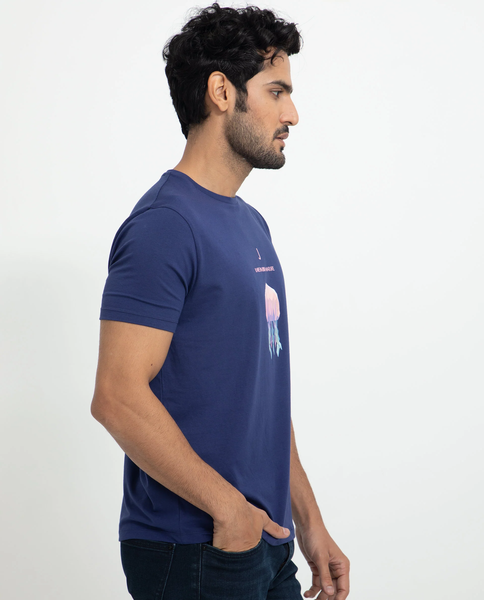 Rare Rabbit Men's Cubana Blue Cotton Graphic Print Slim Fit Half Sleeve Crew Neck T-Shirt - Image 5