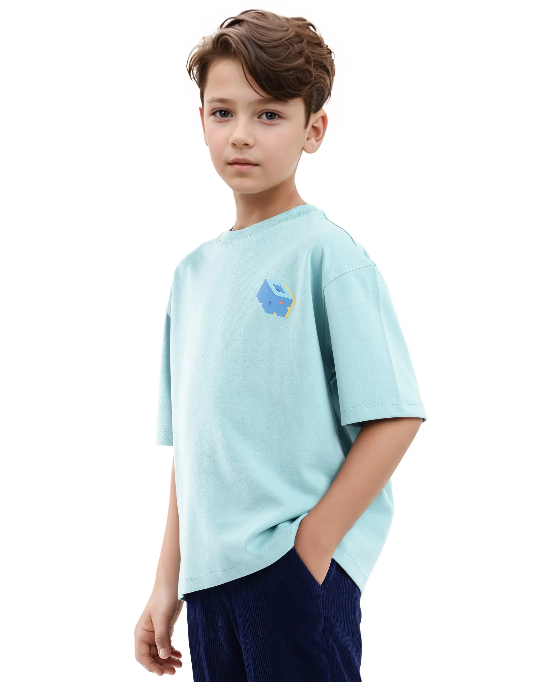 Rare Ones Kids Cube Light Turq Cotton Half Sleeves Crew Neck Back Graphic Print T-Shirt - Image 4