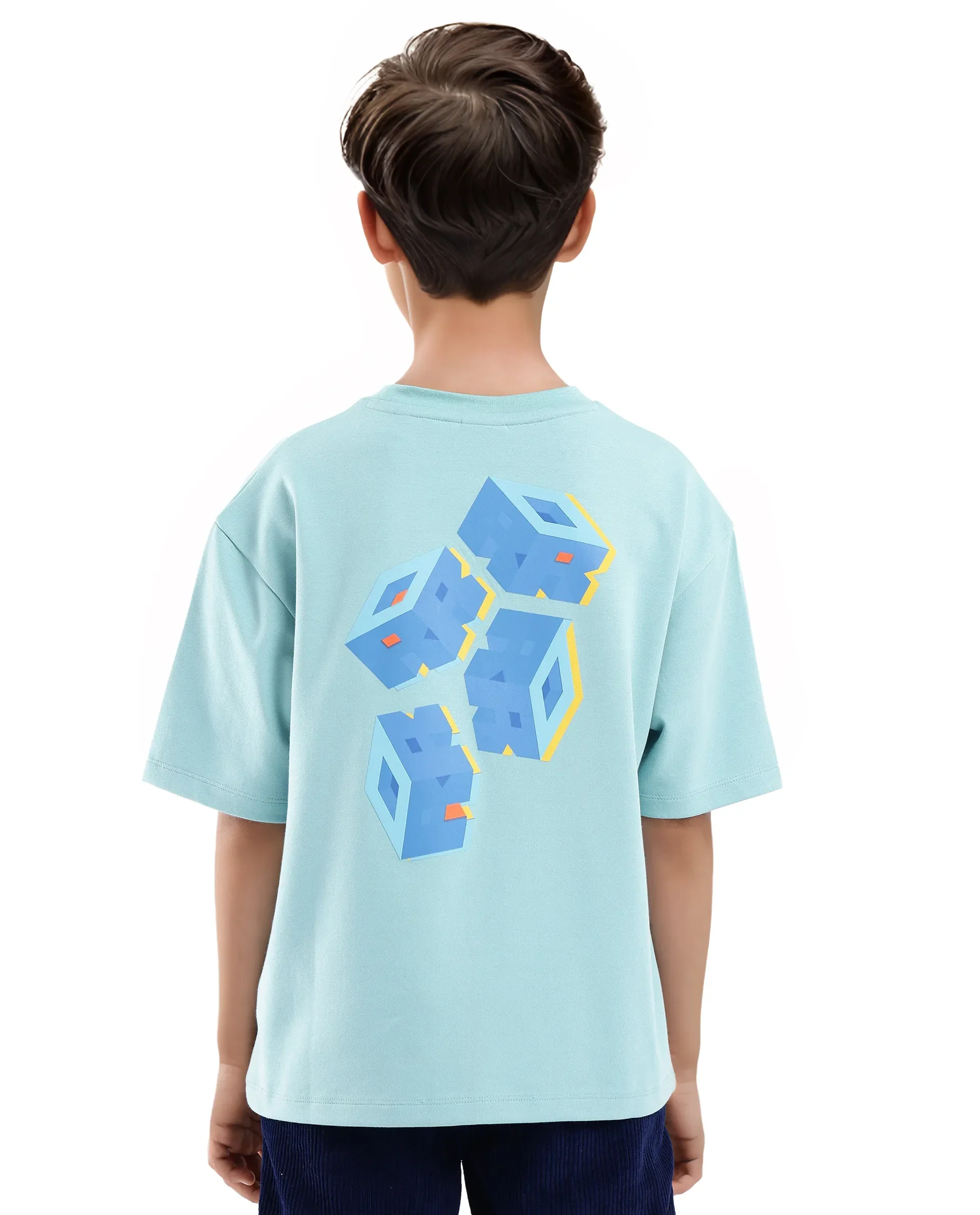 Rare Ones Kids Cube Light Turq Cotton Half Sleeves Crew Neck Back Graphic Print T-Shirt - Image 8