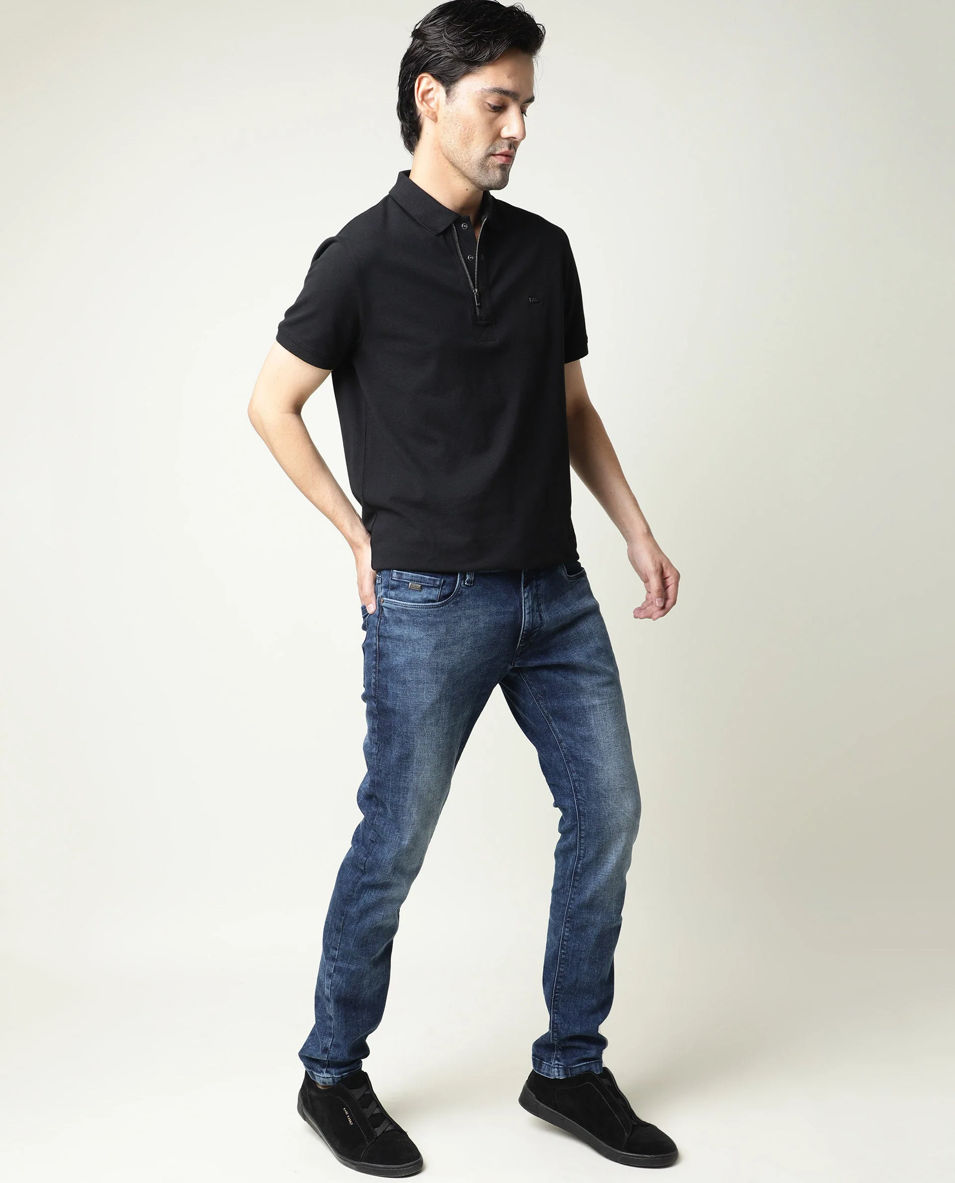 Rare Rabbit Men's Cube Blue Cotton Plain Hawk Slim Fit Jeans - Image 4