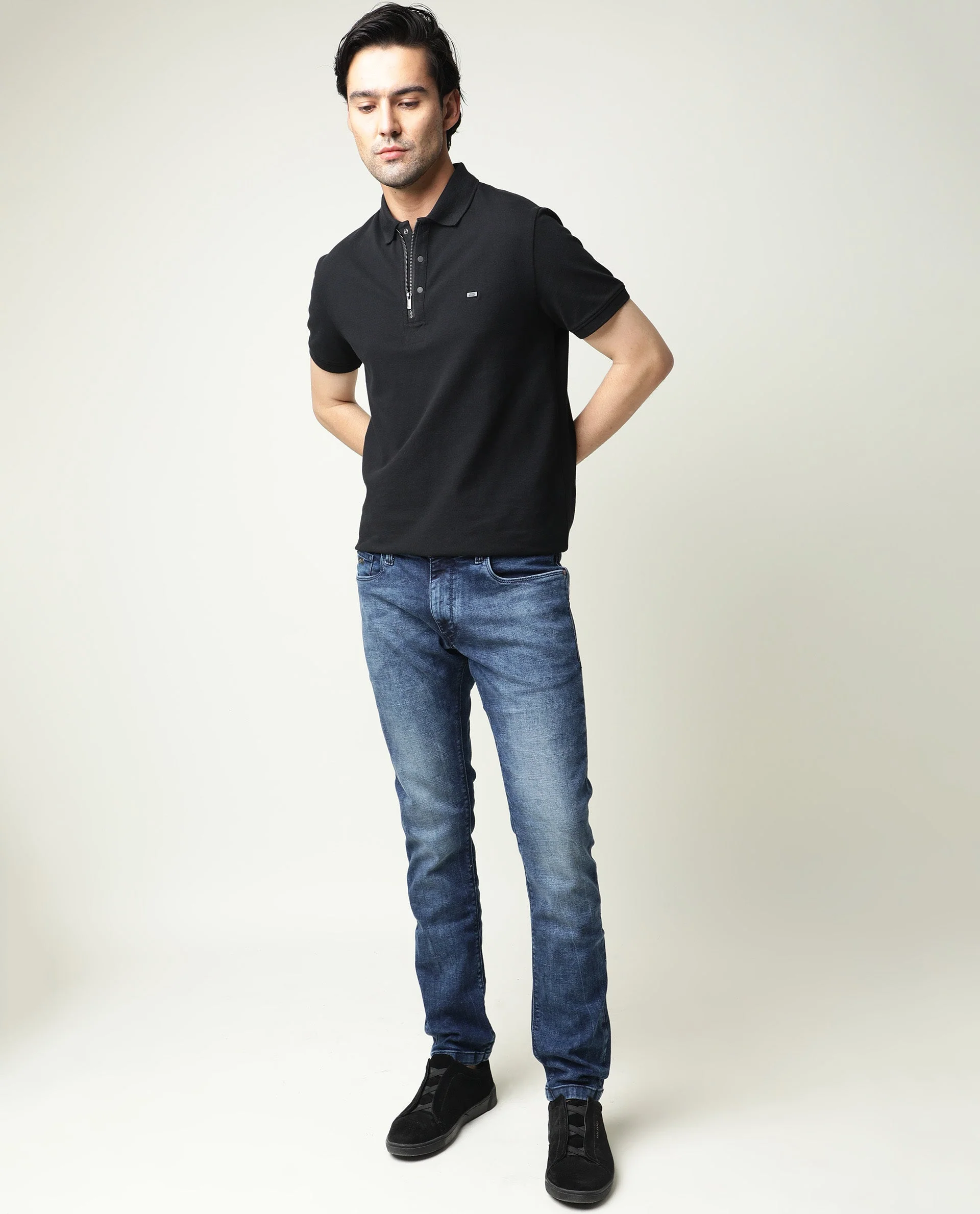 Rare Rabbit Men's Cube Blue Cotton Plain Hawk Slim Fit Jeans - Image 7