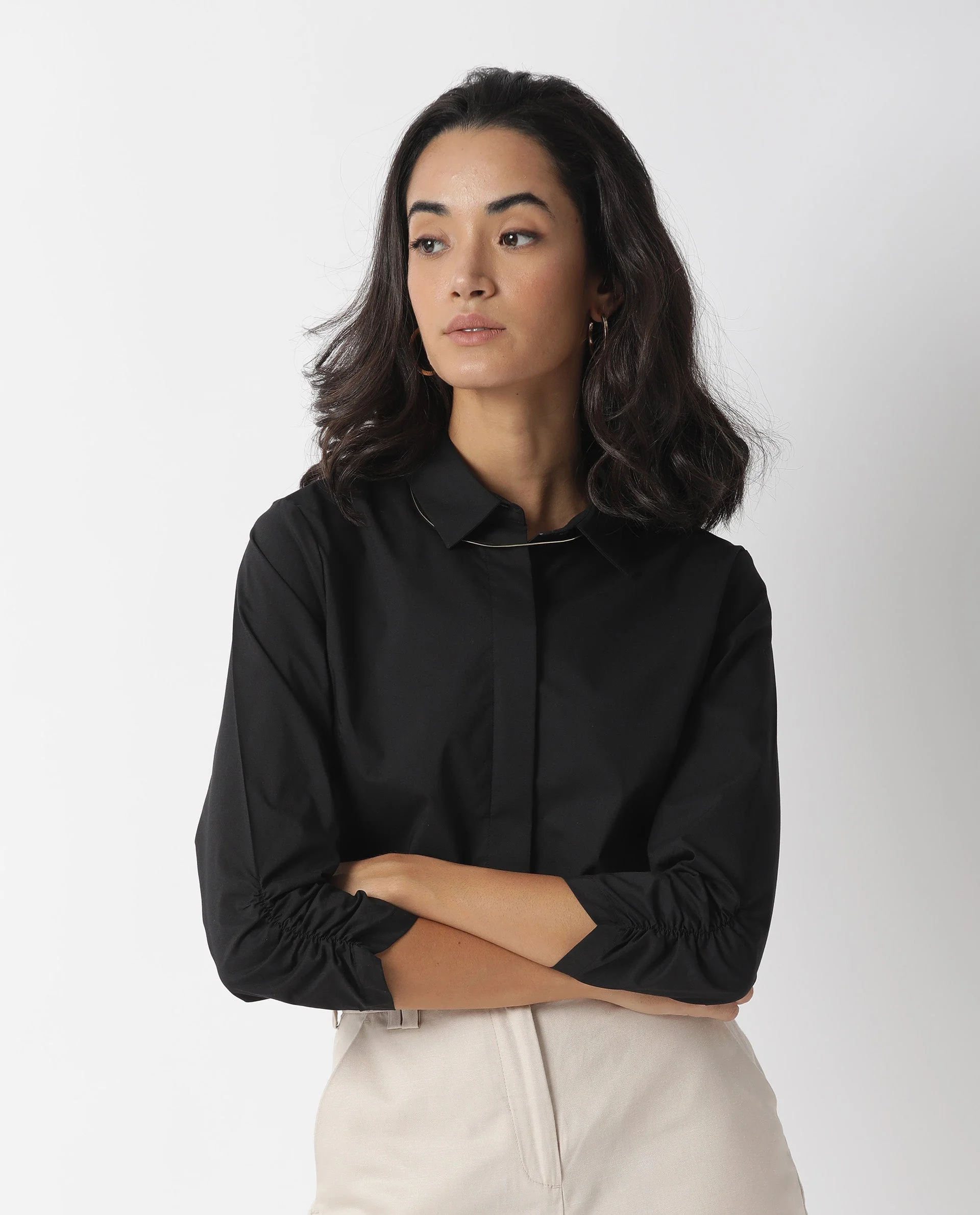 Rareism Women's Cuddle Black Cotton Blend Spread Collar Plain Regular Fit Top - Image 3