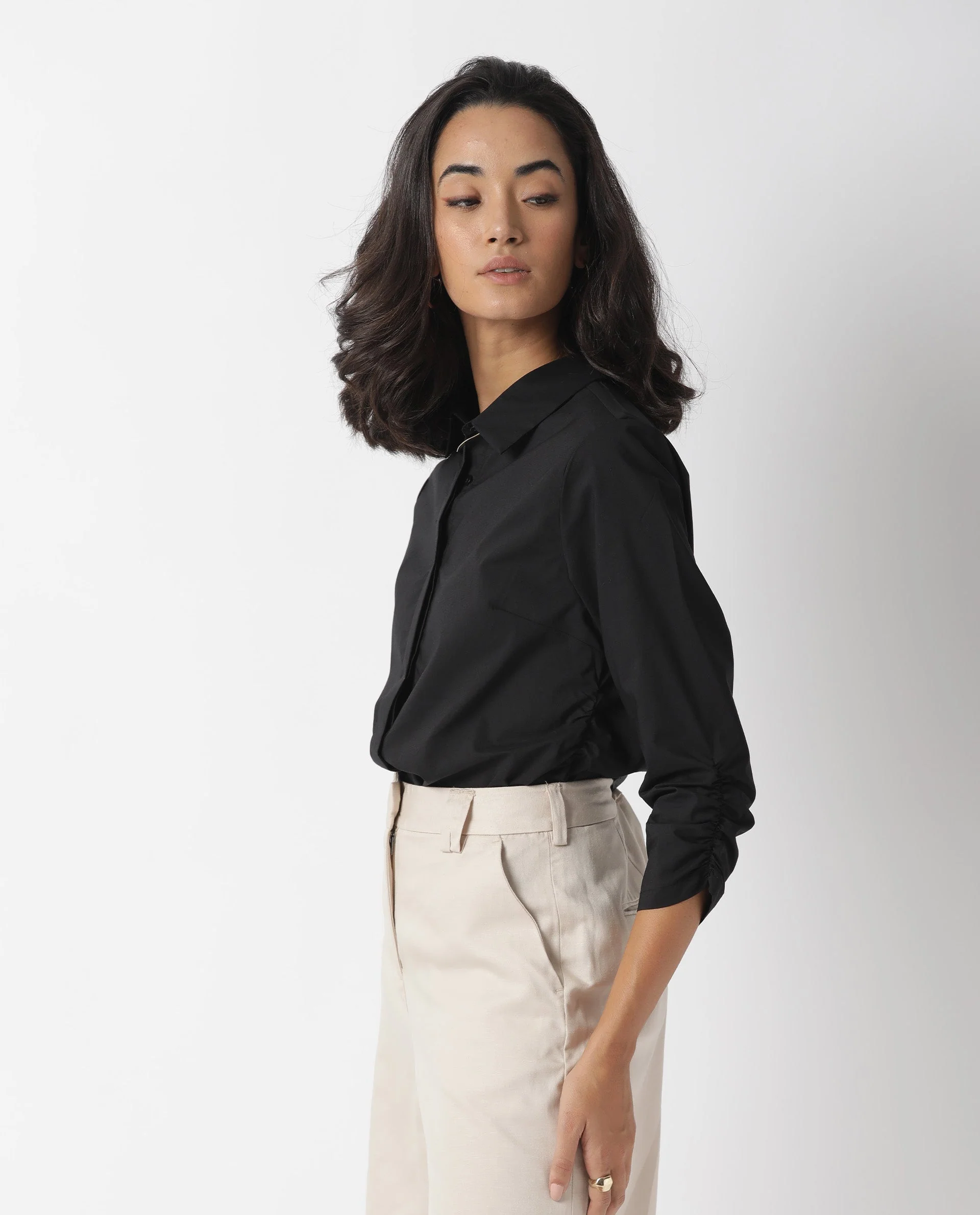 Rareism Women's Cuddle Black Cotton Blend Spread Collar Plain Regular Fit Top - Image 5