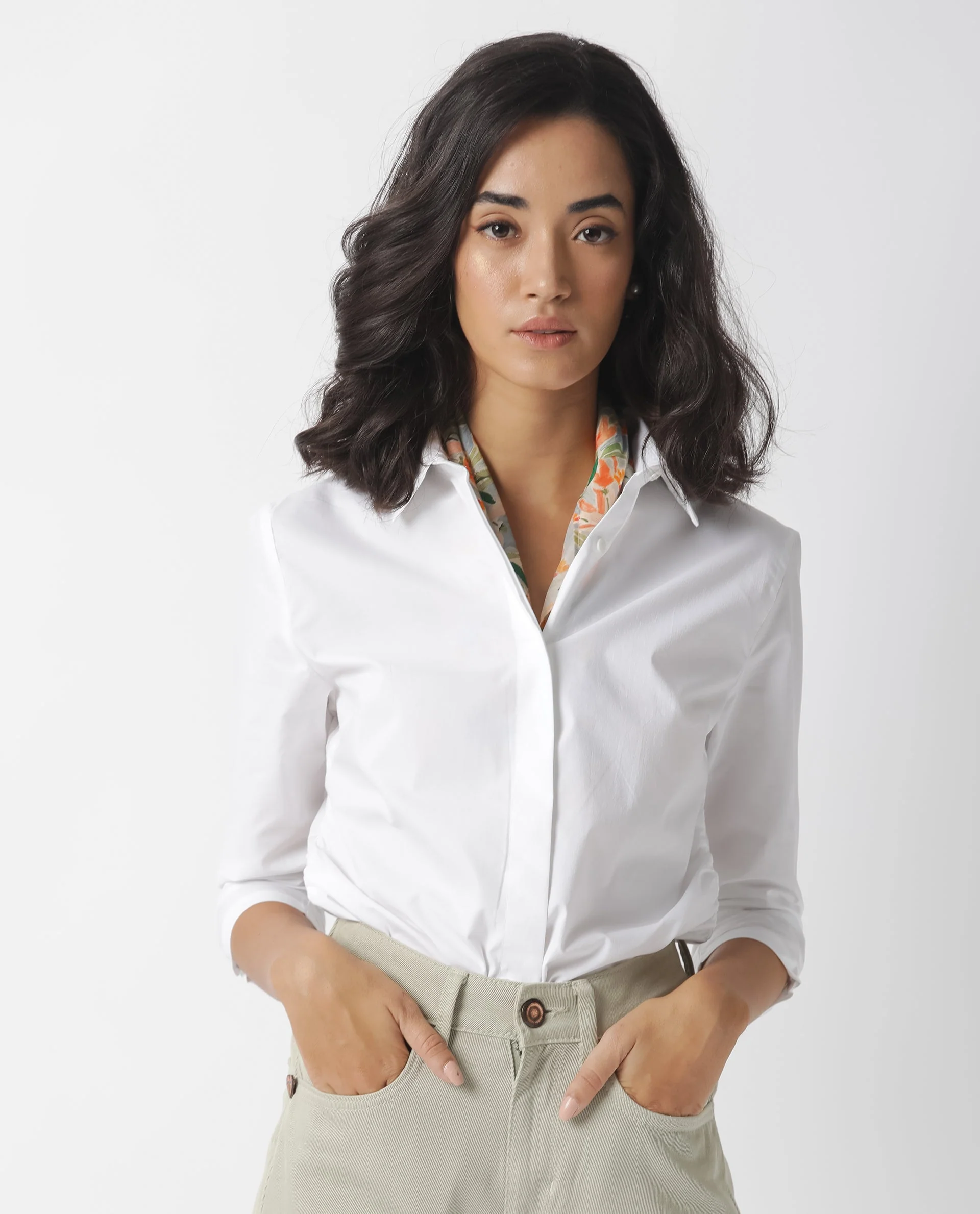 Rareism Women's Cuddle White Cotton Blend Spread Collar Plain Regular Fit Top