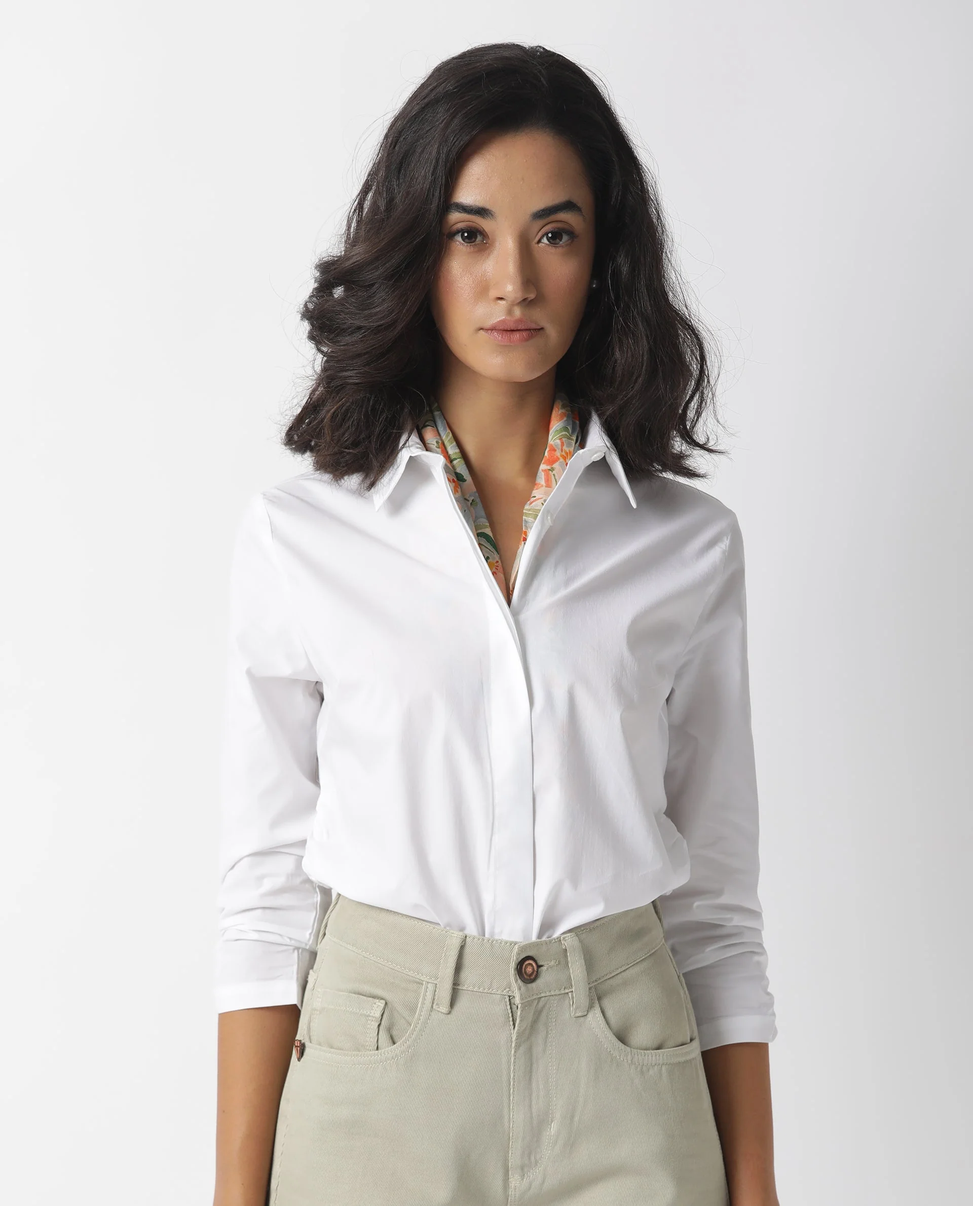 Rareism Women's Cuddle White Cotton Blend Spread Collar Plain Regular Fit Top - Image 8