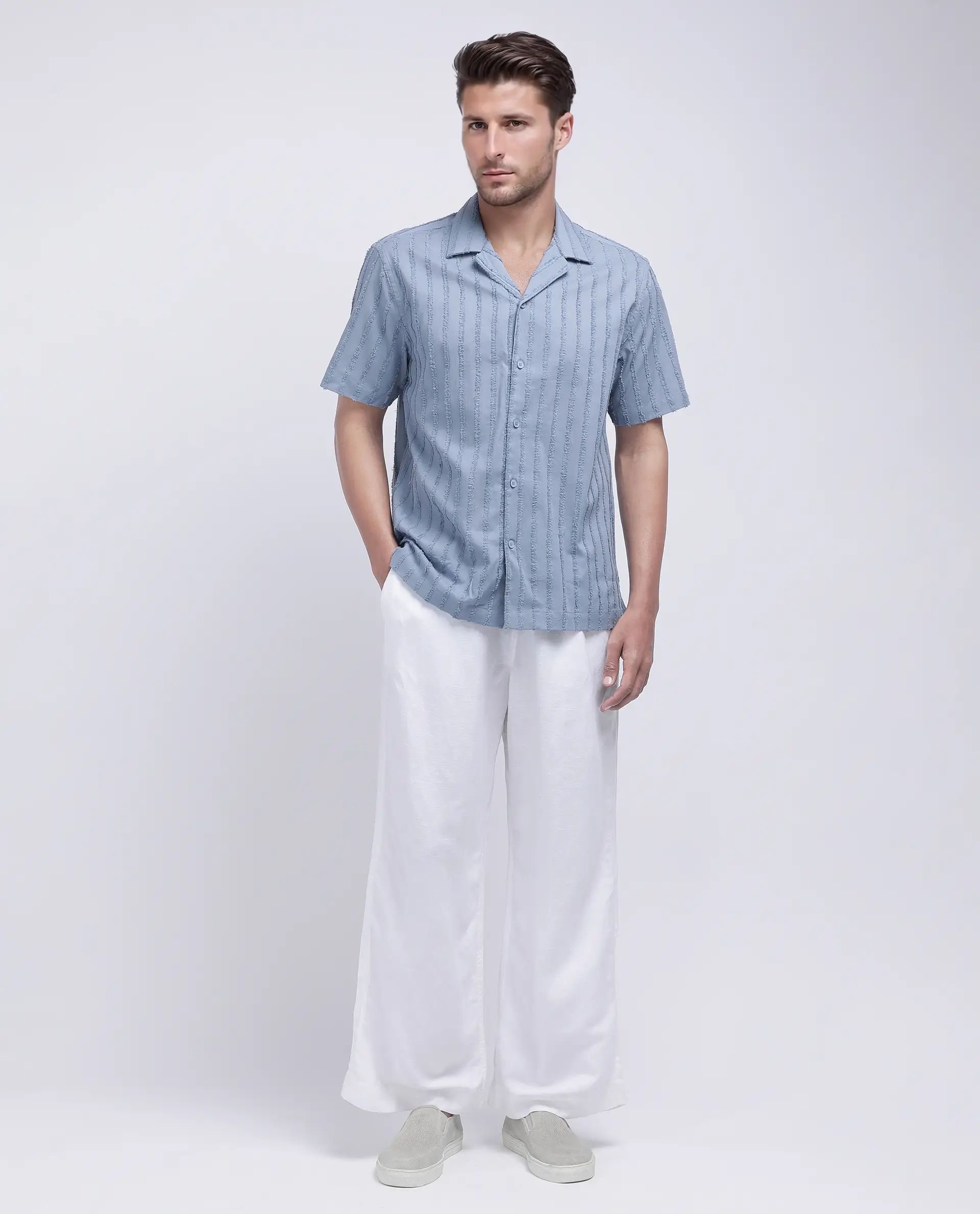 Rare Rabbit Men's Cuen Blue Cotton Striped Print Boxy Fit Half Sleeve Cuban Collar Shirt - Image 2