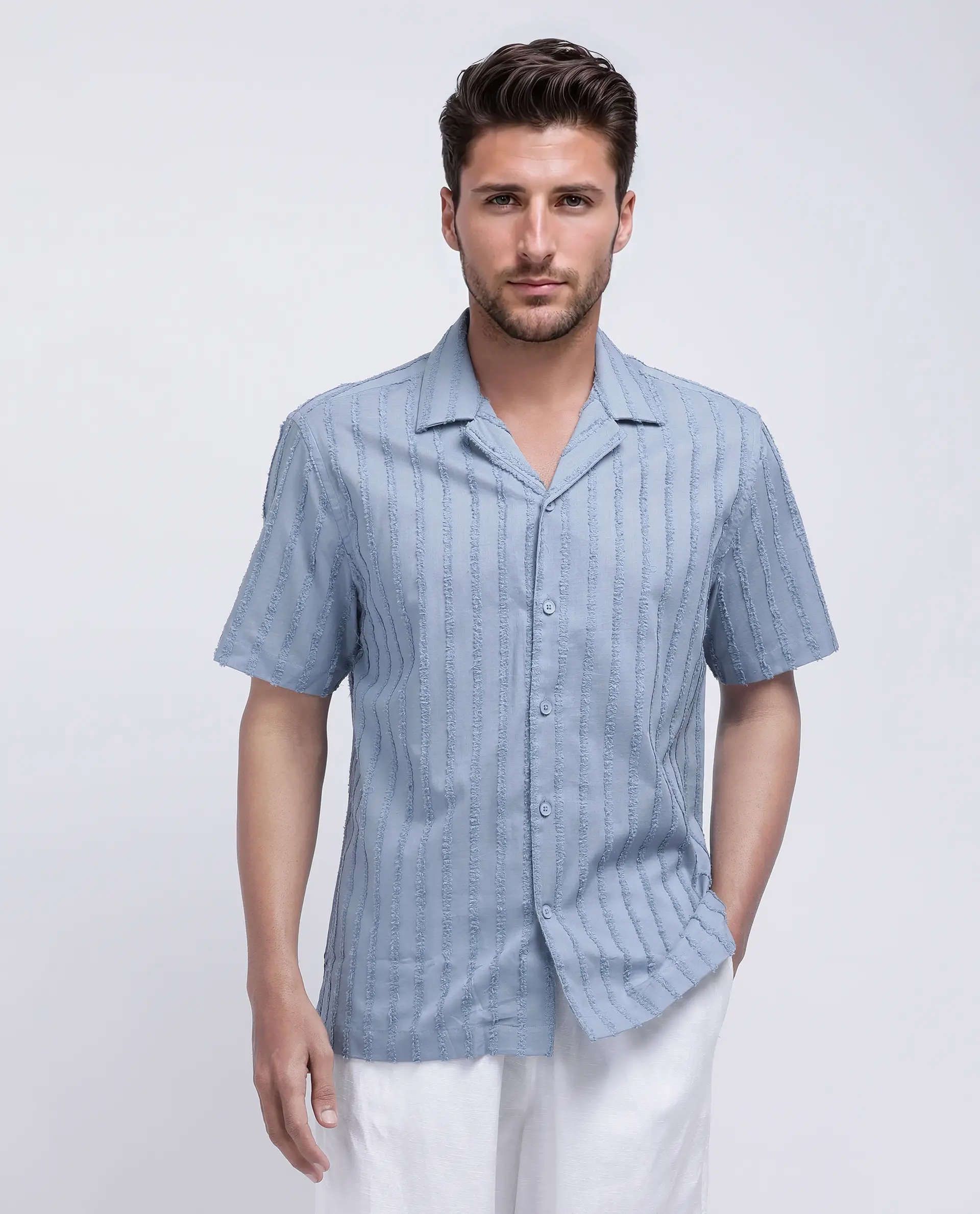 Rare Rabbit Men's Cuen Blue Cotton Striped Print Boxy Fit Half Sleeve Cuban Collar Shirt - Image 5