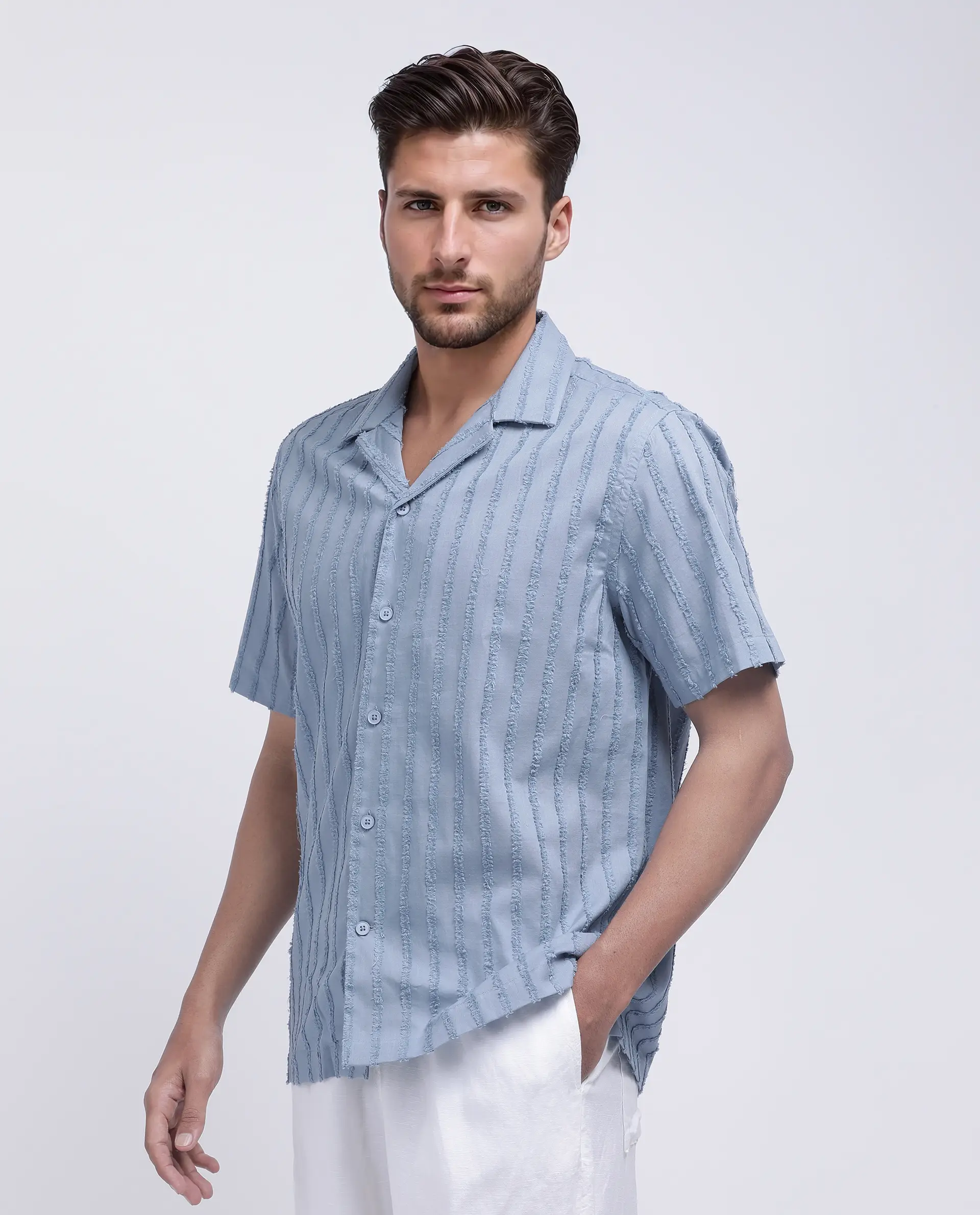 Rare Rabbit Men's Cuen Blue Cotton Striped Print Boxy Fit Half Sleeve Cuban Collar Shirt - Image 6