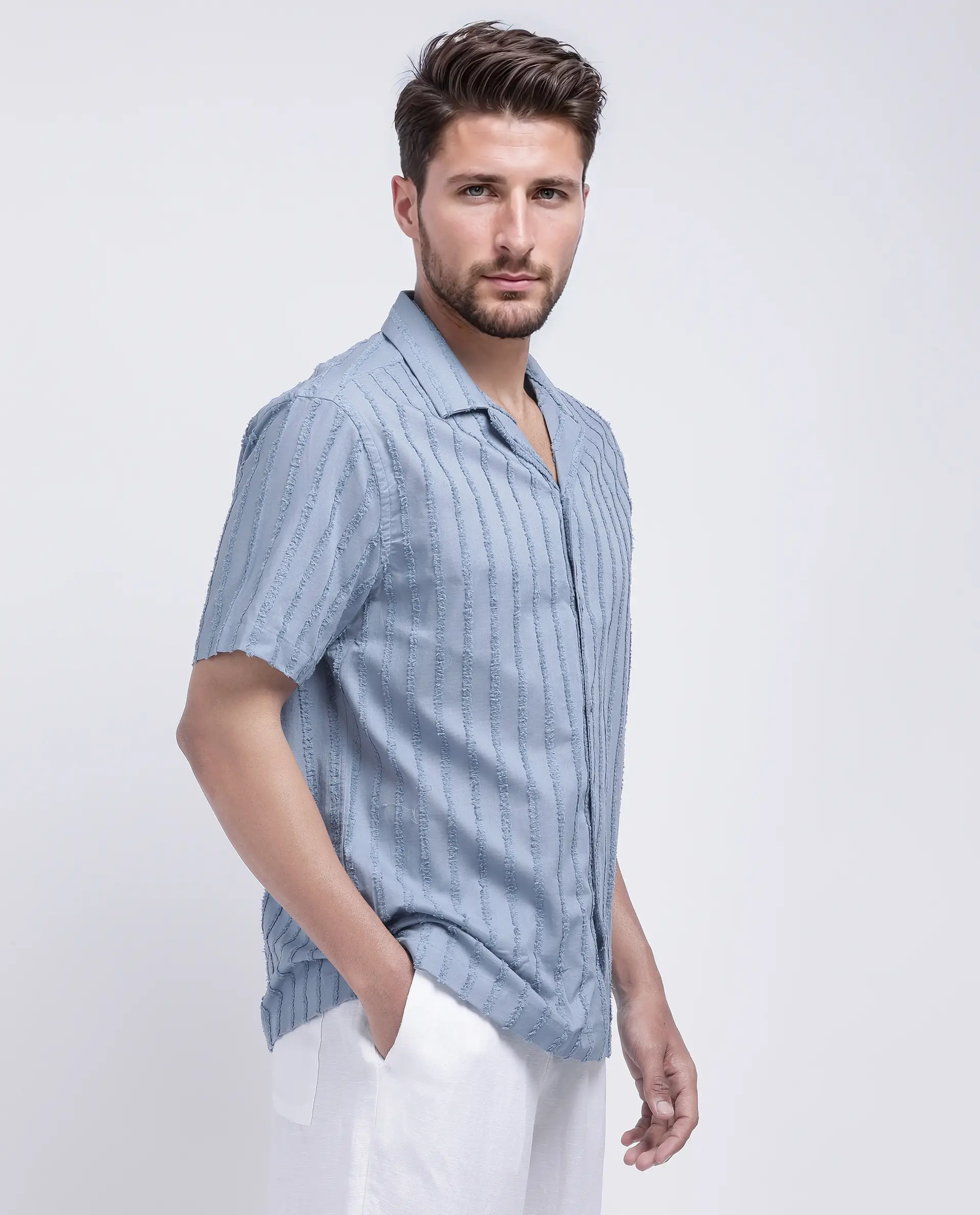 Rare Rabbit Men's Cuen Blue Cotton Striped Print Boxy Fit Half Sleeve Cuban Collar Shirt - Image 7