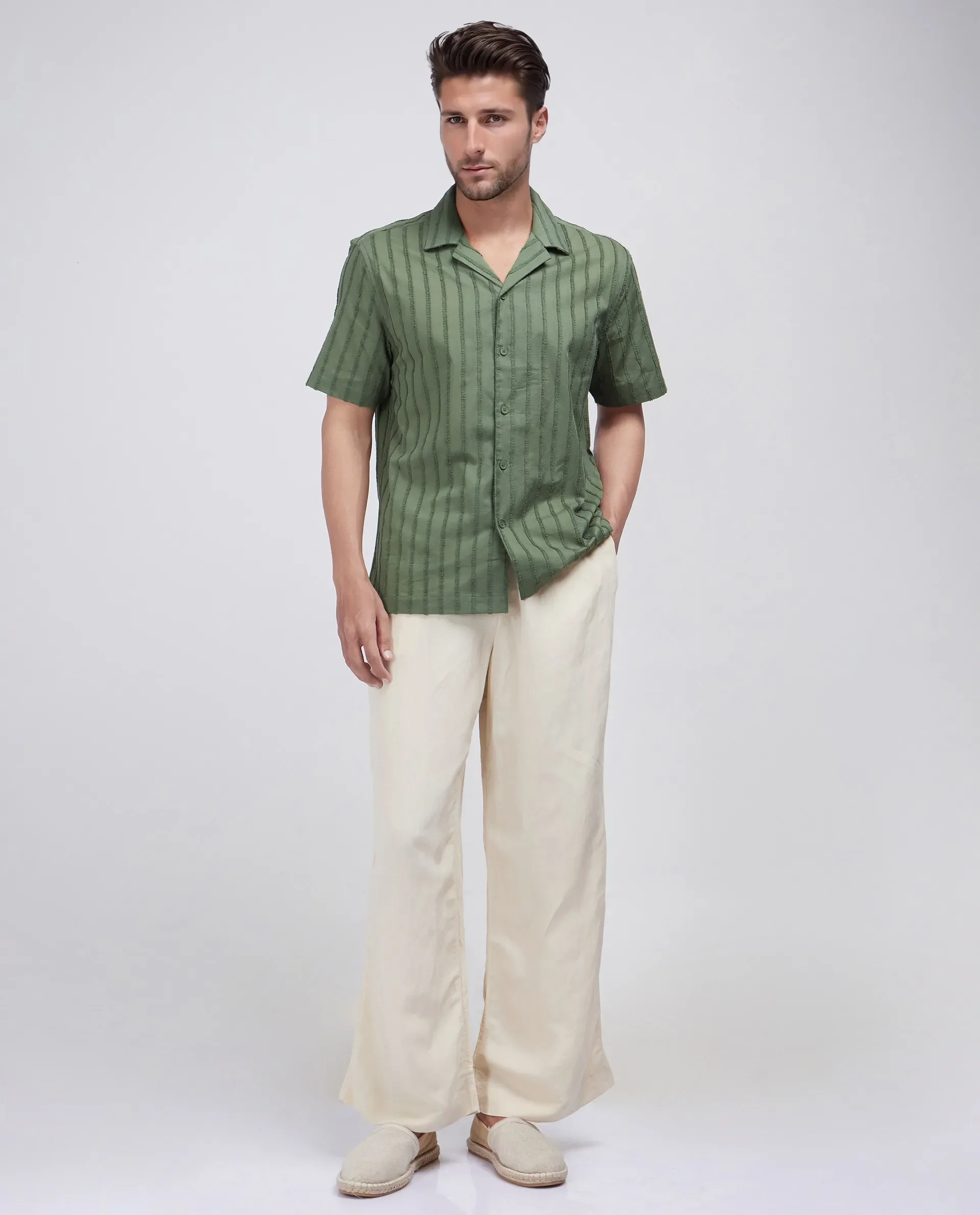 Rare Rabbit Men's Cuen Dark Green Cotton Striped Print Boxy Fit Half Sleeve Cuban Collar Shirt - Image 2