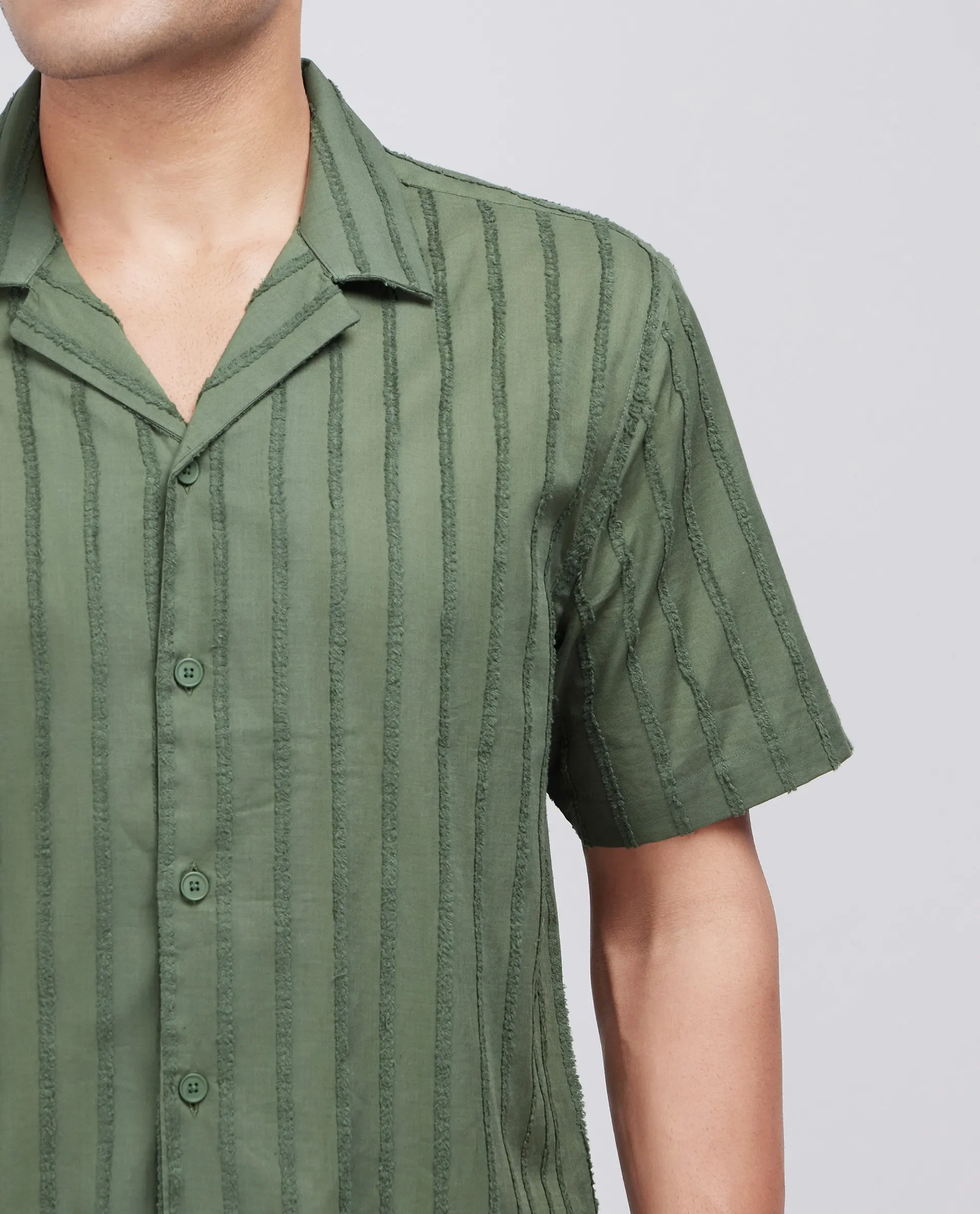 Rare Rabbit Men's Cuen Dark Green Cotton Striped Print Boxy Fit Half Sleeve Cuban Collar Shirt - Image 3