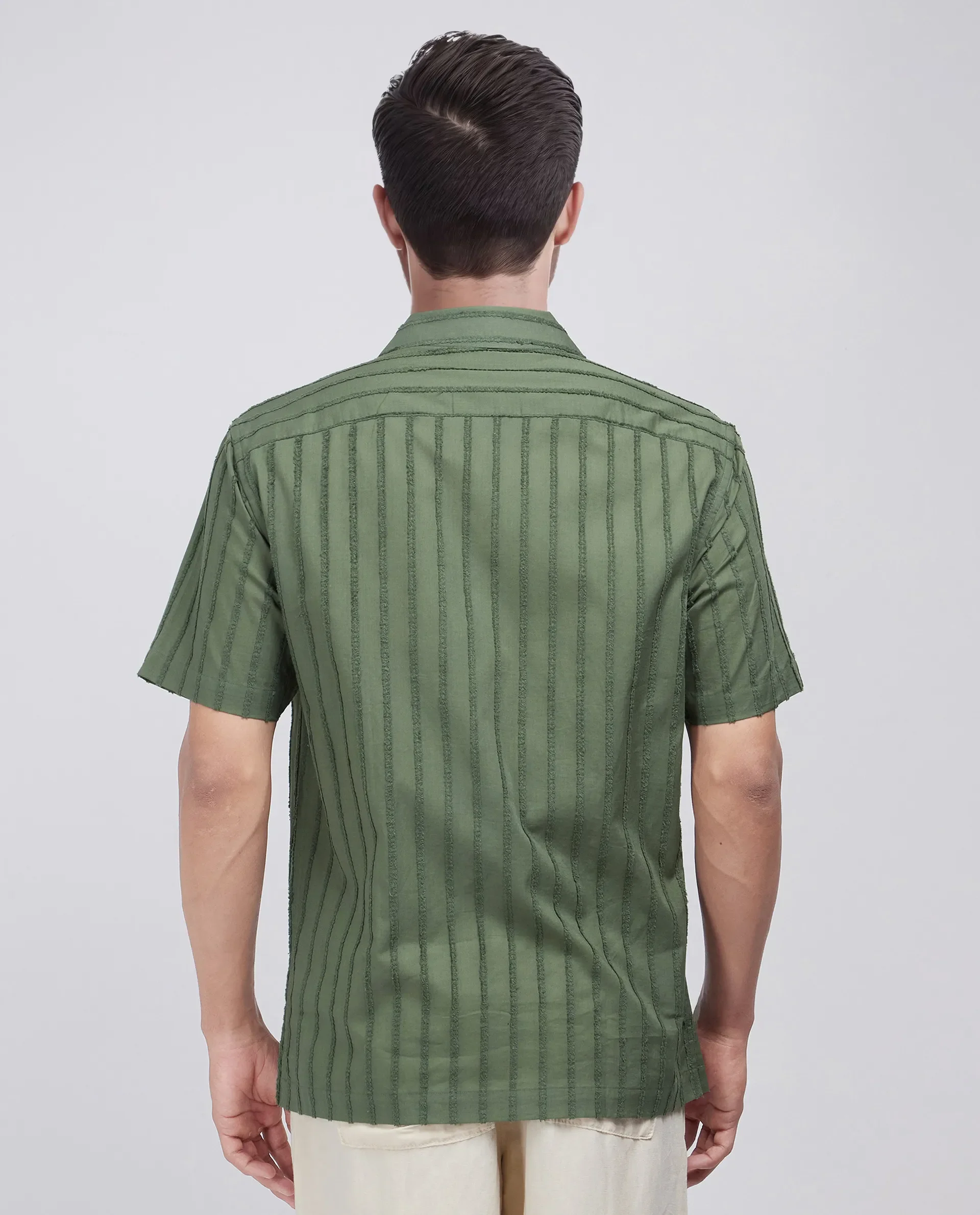 Rare Rabbit Men's Cuen Dark Green Cotton Striped Print Boxy Fit Half Sleeve Cuban Collar Shirt - Image 4