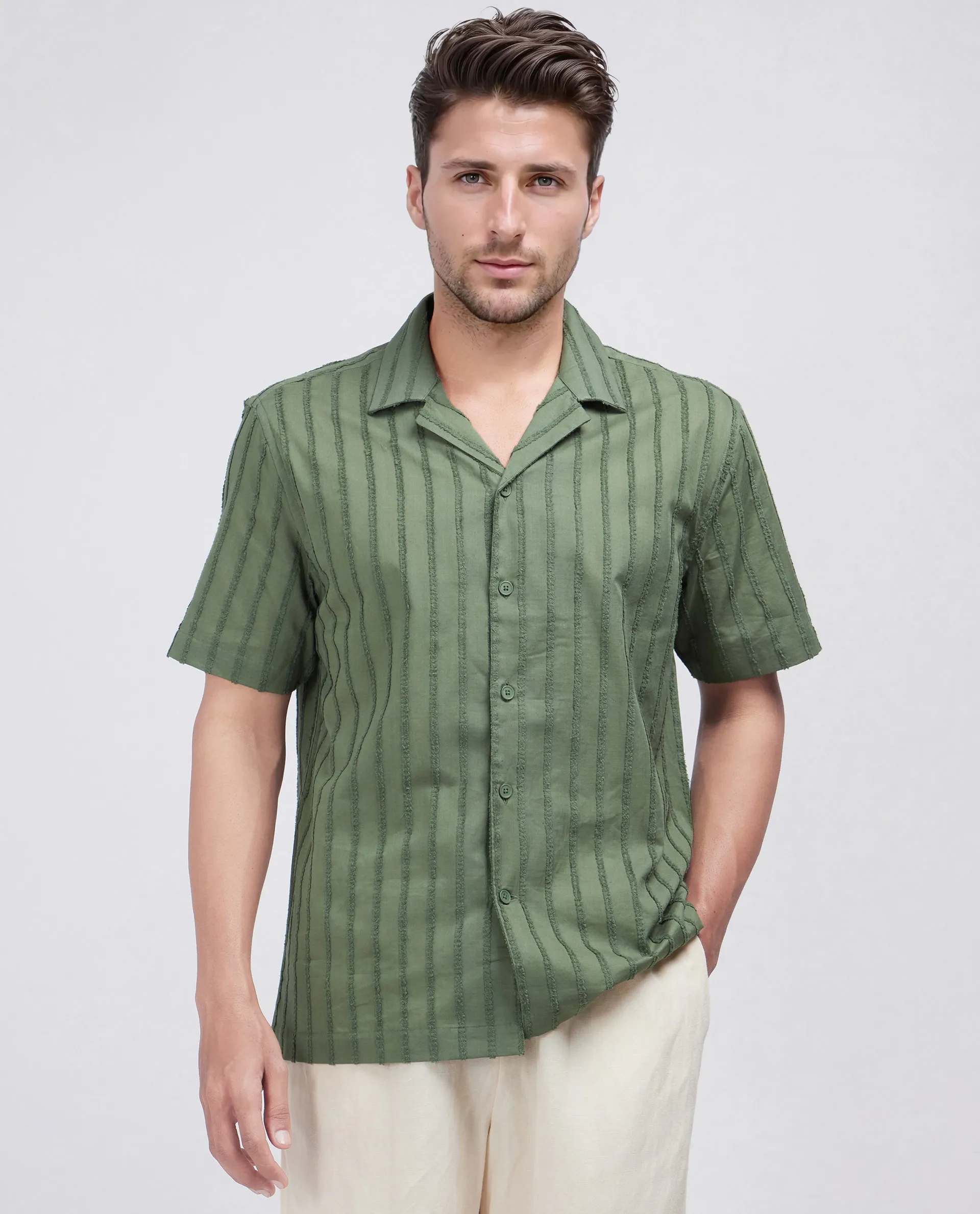 Rare Rabbit Men's Cuen Dark Green Cotton Striped Print Boxy Fit Half Sleeve Cuban Collar Shirt - Image 5