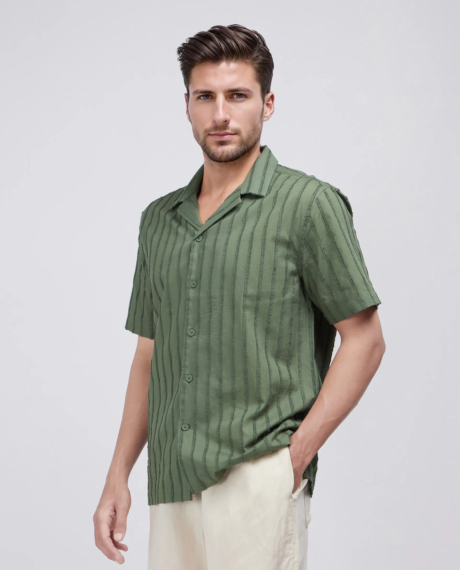 Rare Rabbit Men's Cuen Dark Green Cotton Striped Print Boxy Fit Half Sleeve Cuban Collar Shirt - Image 6