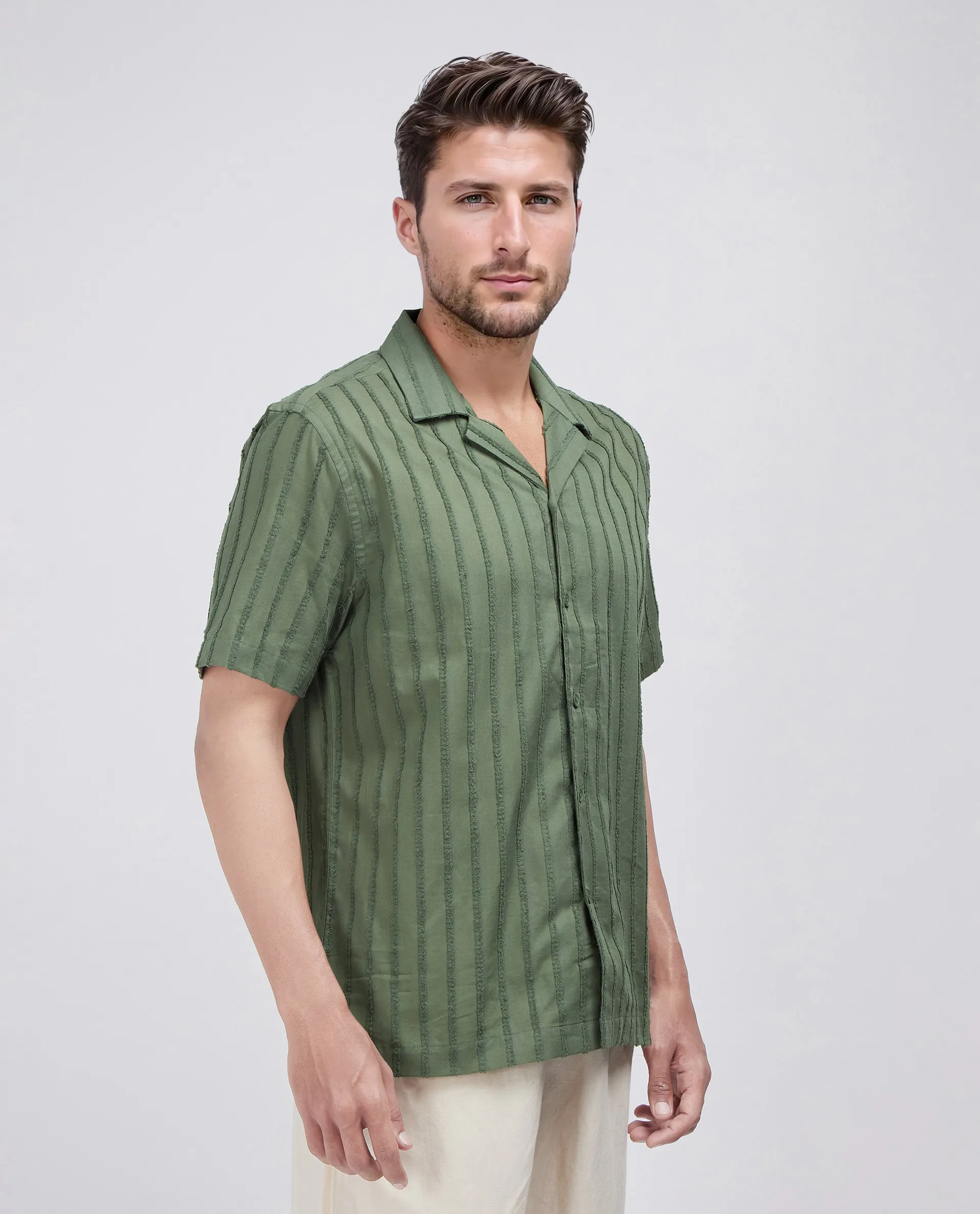 Rare Rabbit Men's Cuen Dark Green Cotton Striped Print Boxy Fit Half Sleeve Cuban Collar Shirt - Image 7