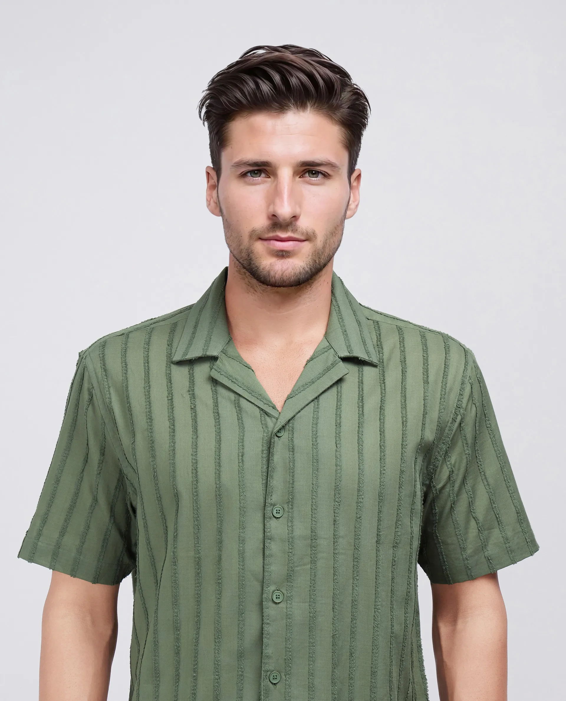 Rare Rabbit Men's Cuen Dark Green Cotton Striped Print Boxy Fit Half Sleeve Cuban Collar Shirt - Image 8