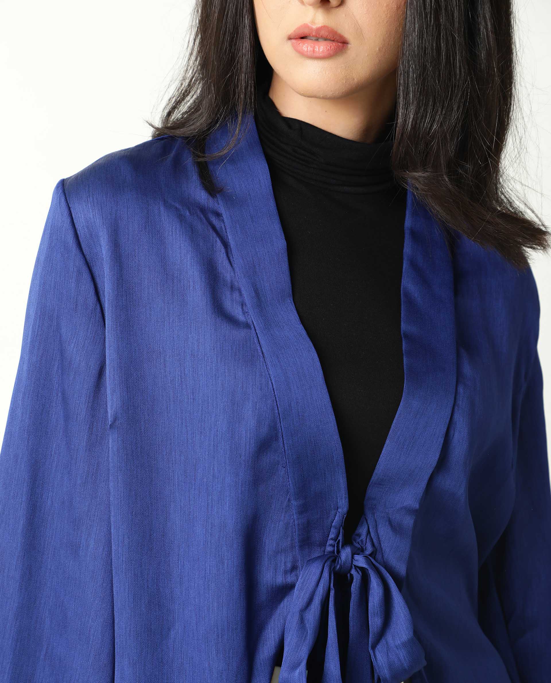 Rareism Women's Cuff Blue Polyester Shawl Neck Regular Fit Outer Wear - Image 2