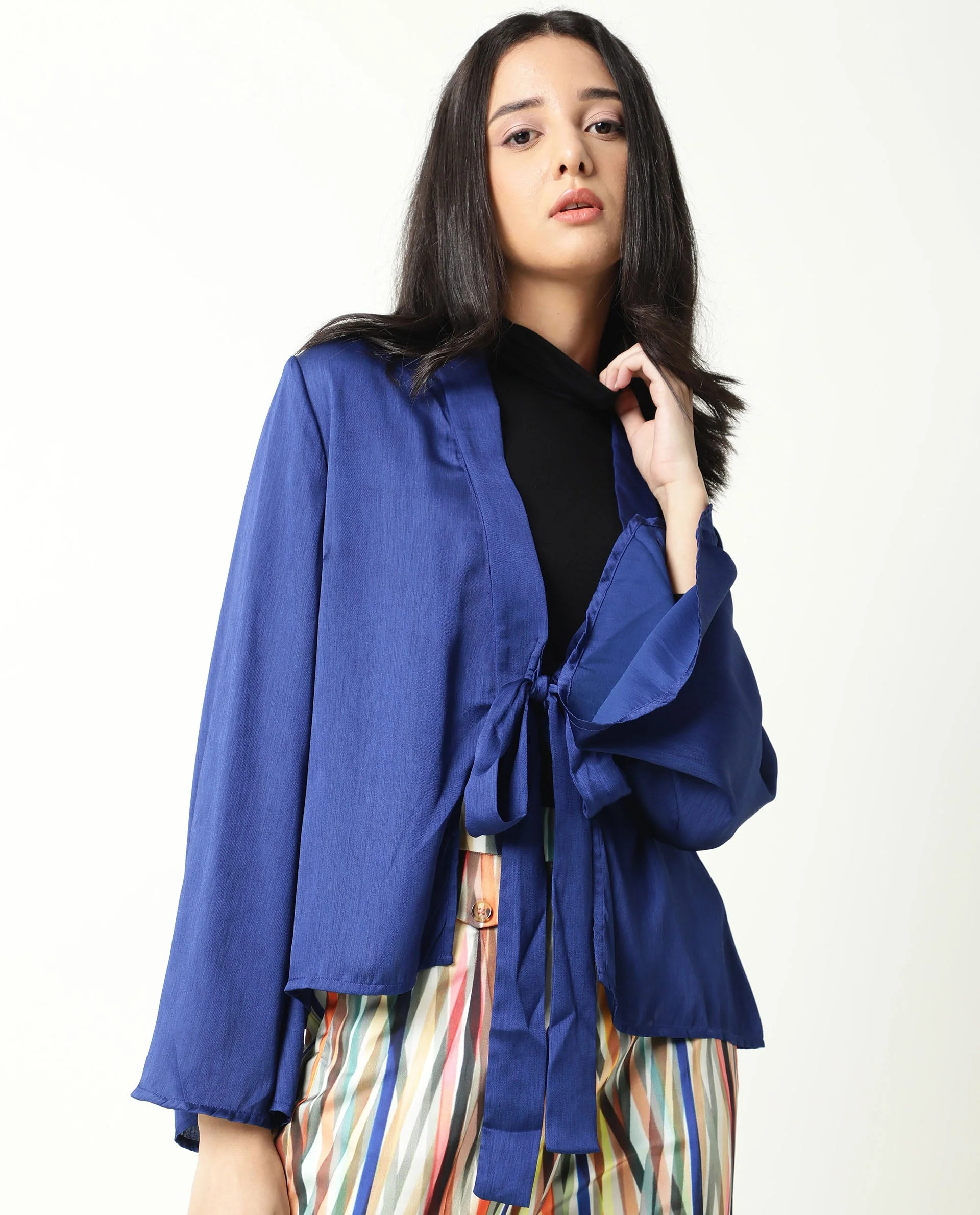 Rareism Women's Cuff Blue Polyester Shawl Neck Regular Fit Outer Wear - Image 3