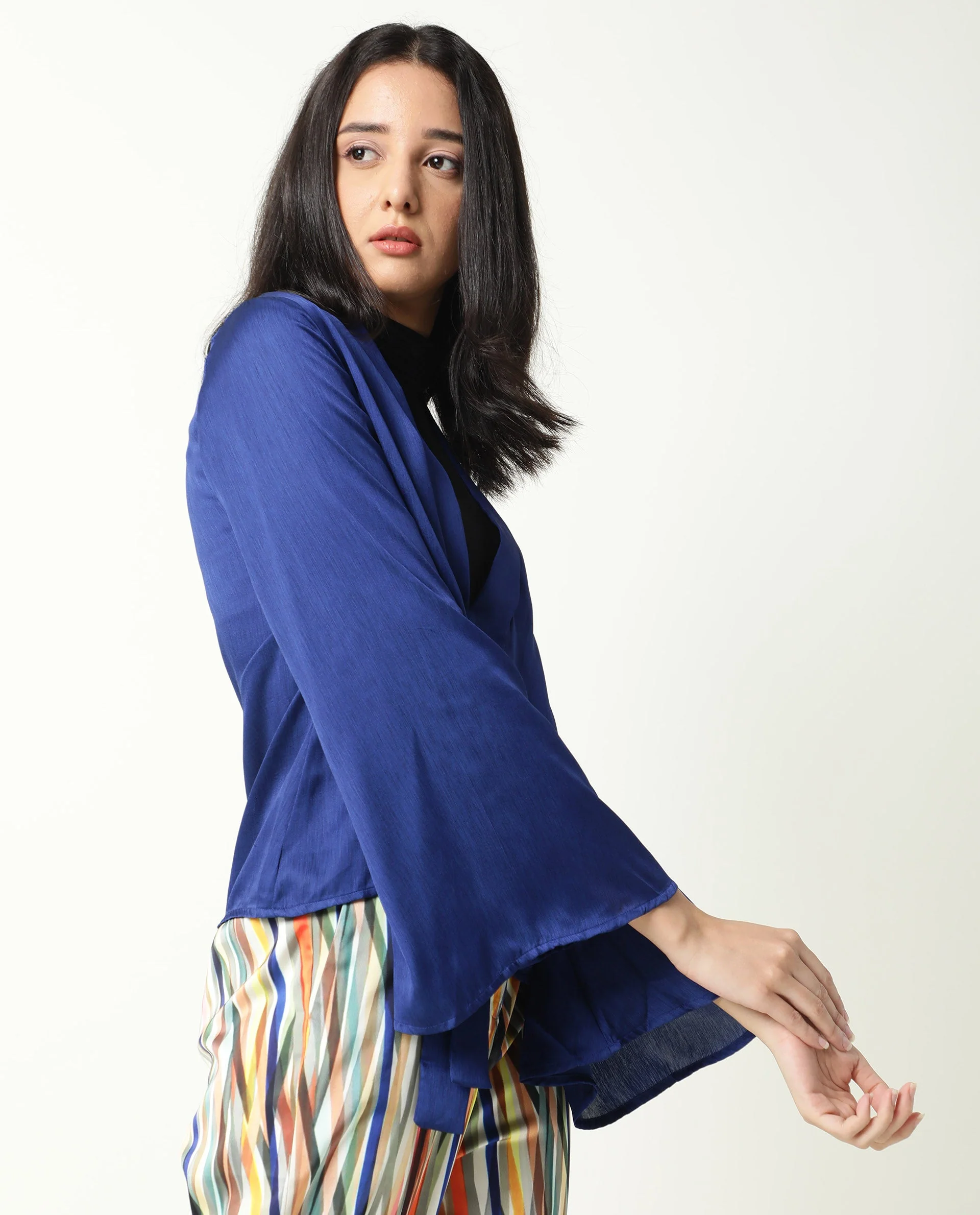Rareism Women's Cuff Blue Polyester Shawl Neck Regular Fit Outer Wear - Image 4