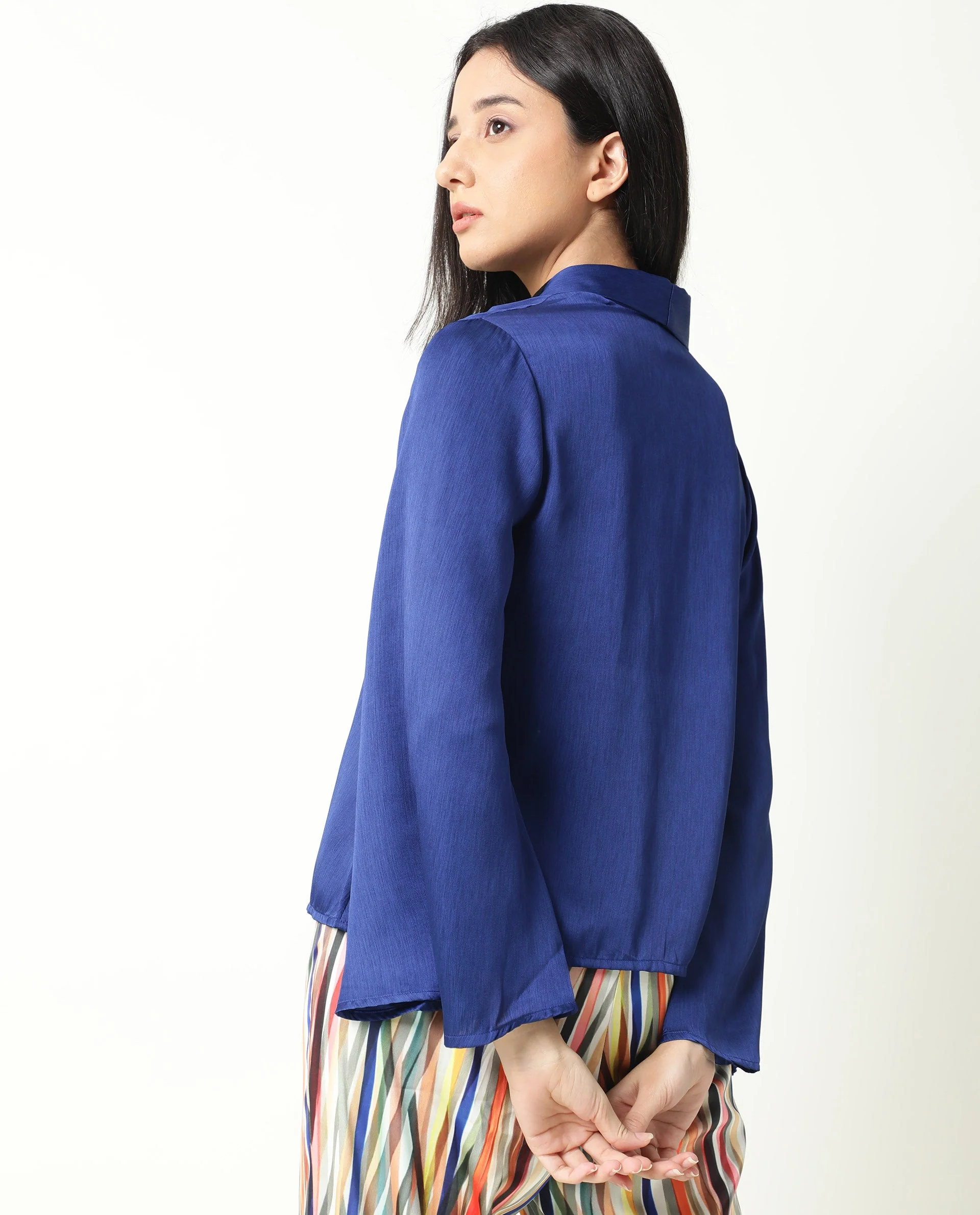 Rareism Women's Cuff Blue Polyester Shawl Neck Regular Fit Outer Wear - Image 5