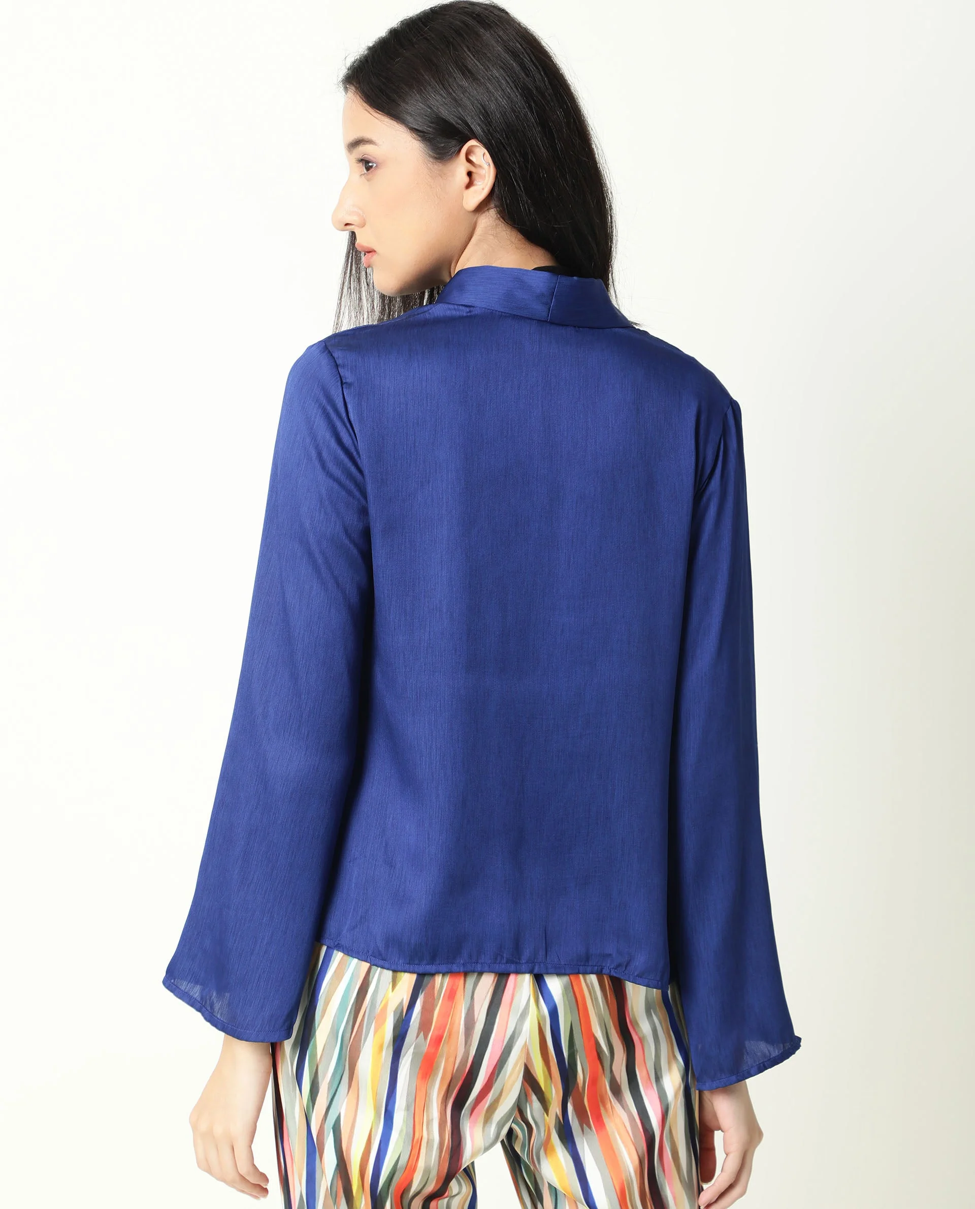 Rareism Women's Cuff Blue Polyester Shawl Neck Regular Fit Outer Wear - Image 6