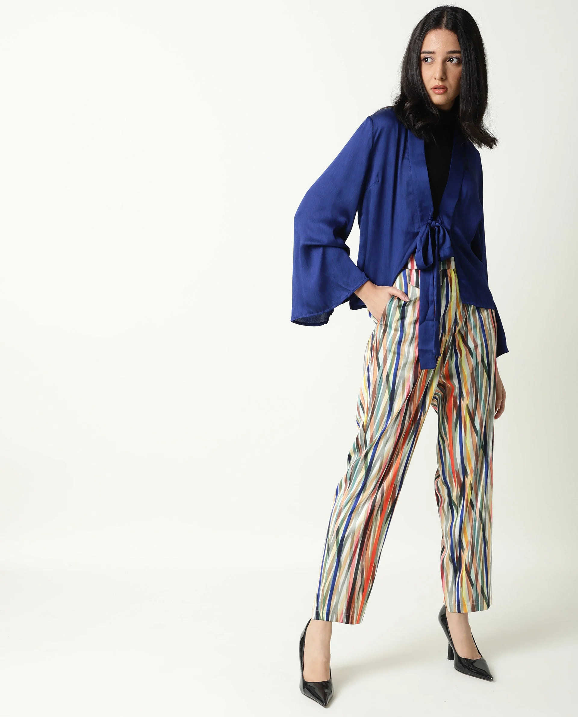 Rareism Women's Cuff Blue Polyester Shawl Neck Regular Fit Outer Wear - Image 7