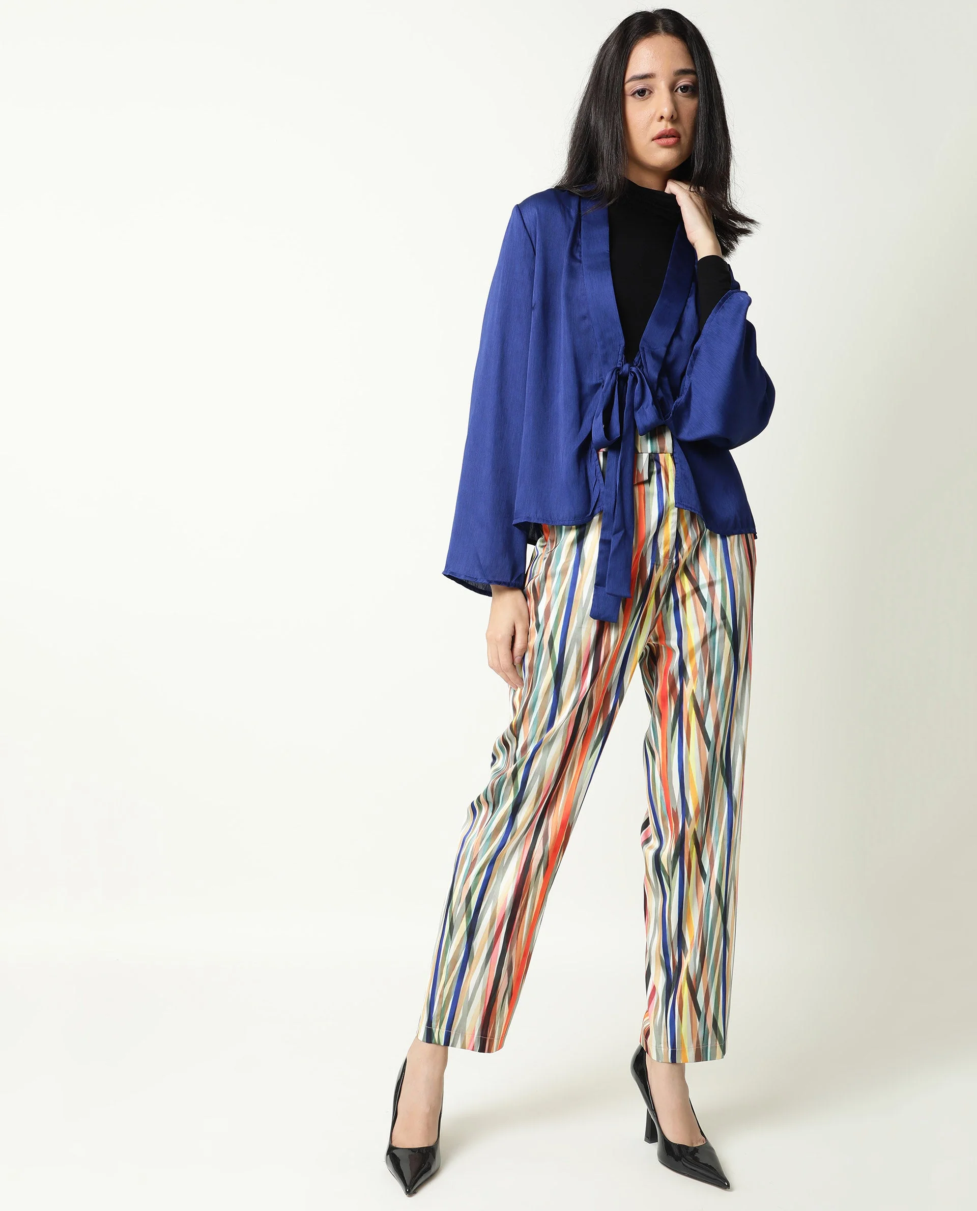 Rareism Women's Cuff Blue Polyester Shawl Neck Regular Fit Outer Wear - Image 8