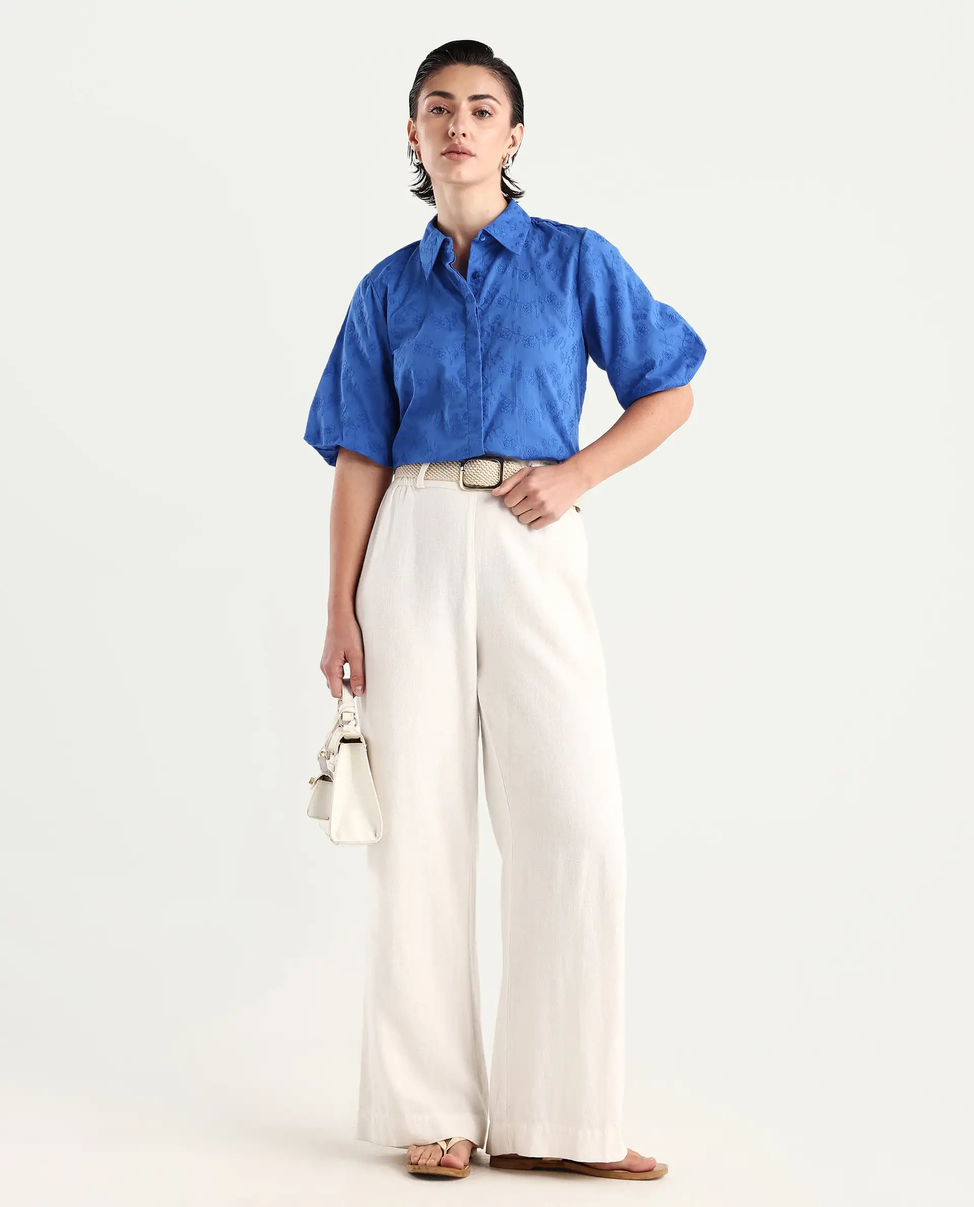 Rareism Women's Cuire Blue Cotton Drop Collar Embroidered Balloon Sleeve Regular Fit Shirt - Image 2