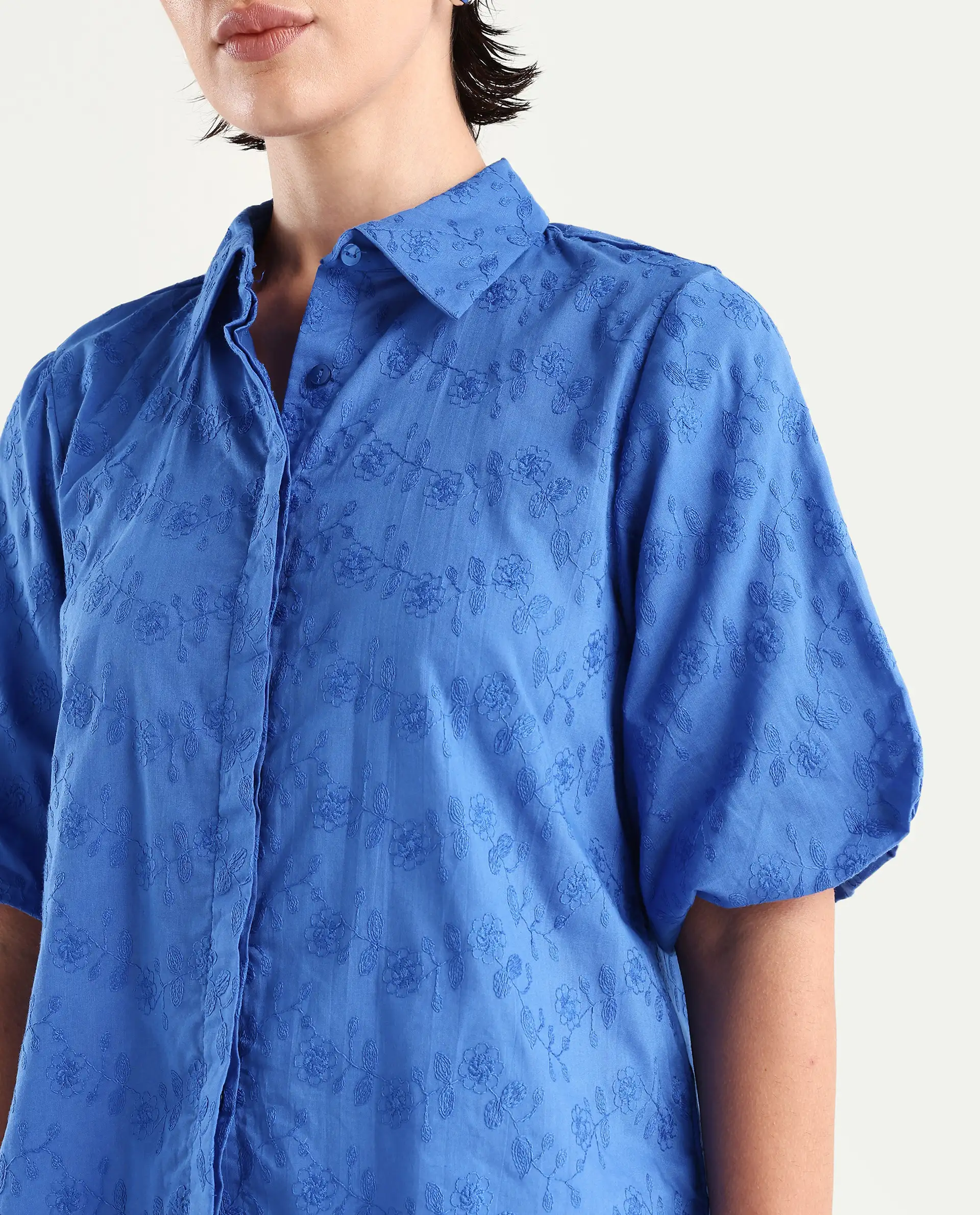 Rareism Women's Cuire Blue Cotton Drop Collar Embroidered Balloon Sleeve Regular Fit Shirt - Image 3