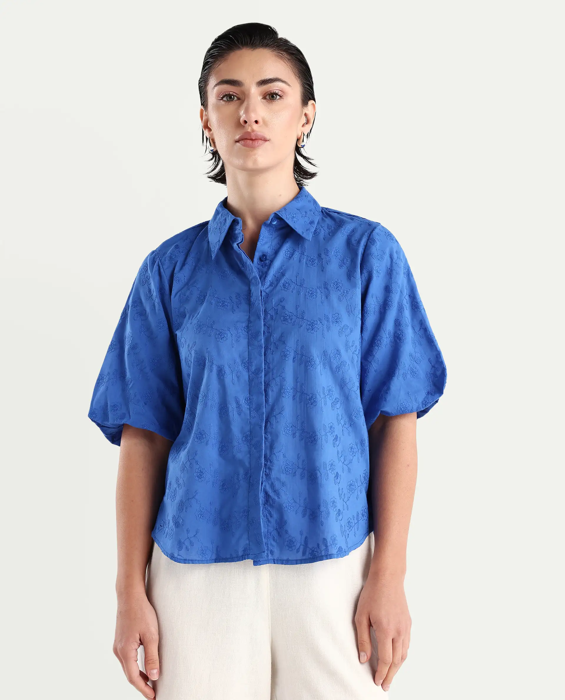 Rareism Women's Cuire Blue Cotton Drop Collar Embroidered Balloon Sleeve Regular Fit Shirt - Image 4