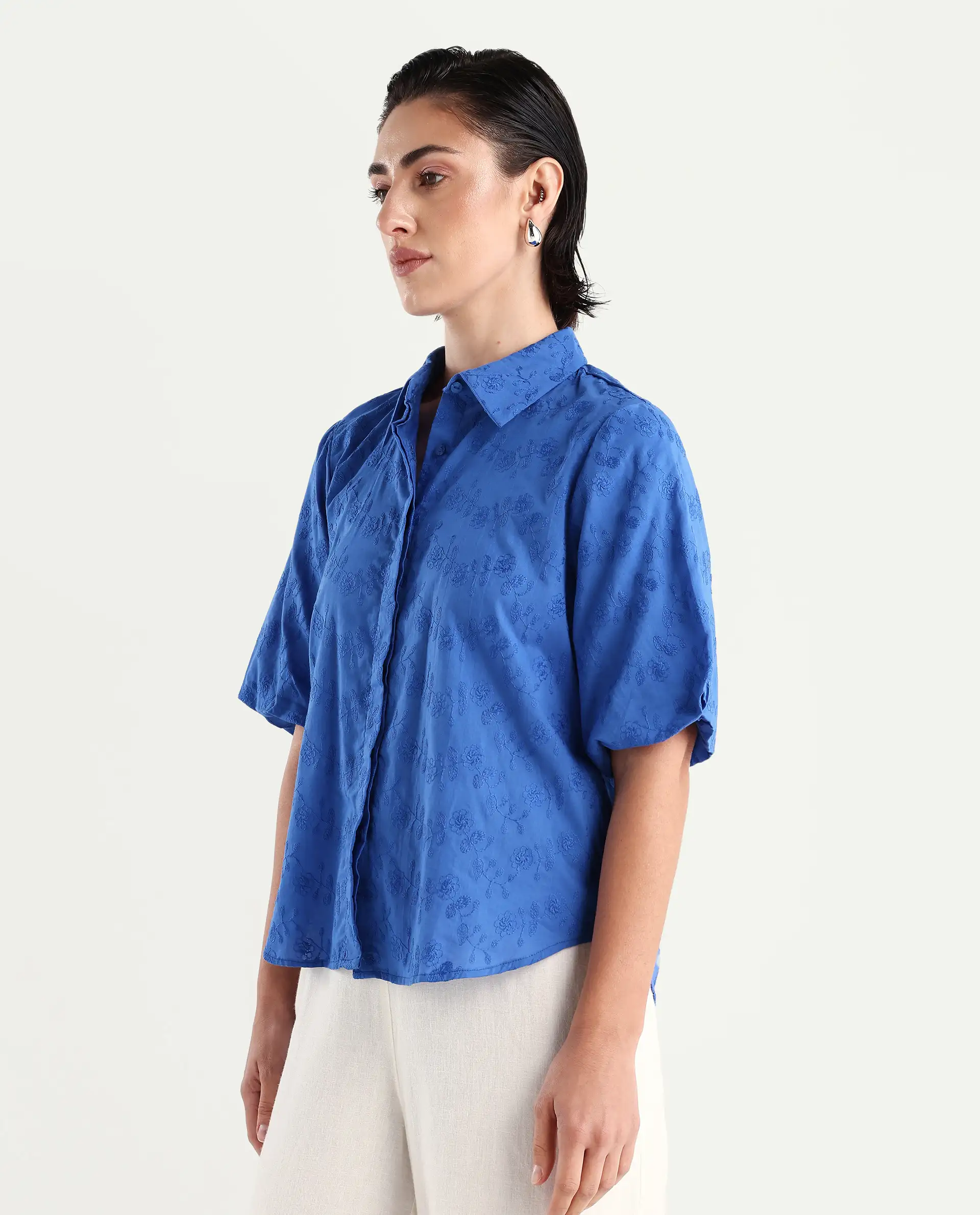 Rareism Women's Cuire Blue Cotton Drop Collar Embroidered Balloon Sleeve Regular Fit Shirt - Image 5