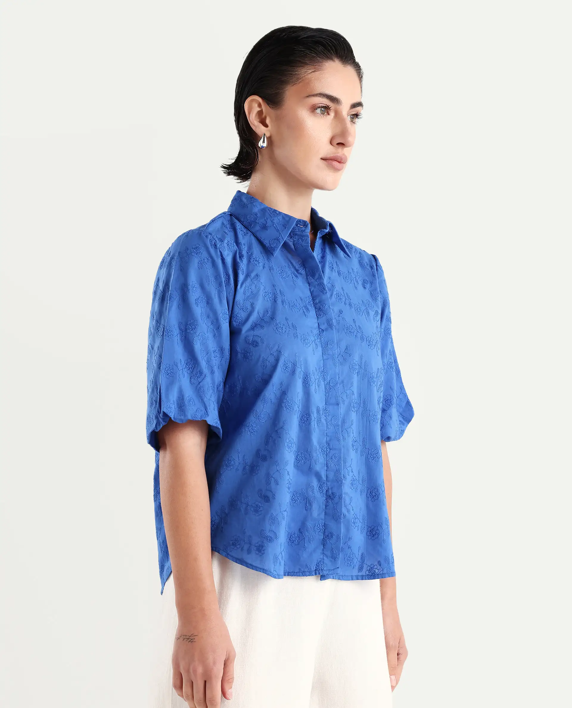 Rareism Women's Cuire Blue Cotton Drop Collar Embroidered Balloon Sleeve Regular Fit Shirt - Image 6