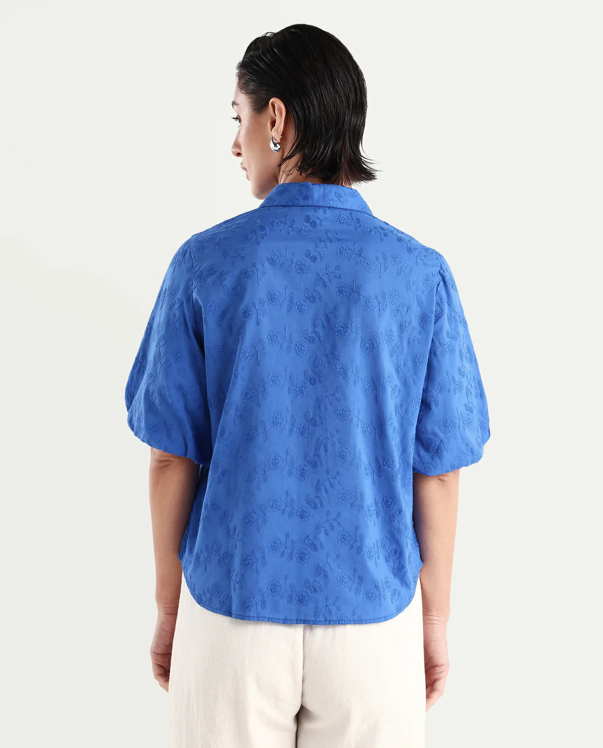 Rareism Women's Cuire Blue Cotton Drop Collar Embroidered Balloon Sleeve Regular Fit Shirt - Image 7