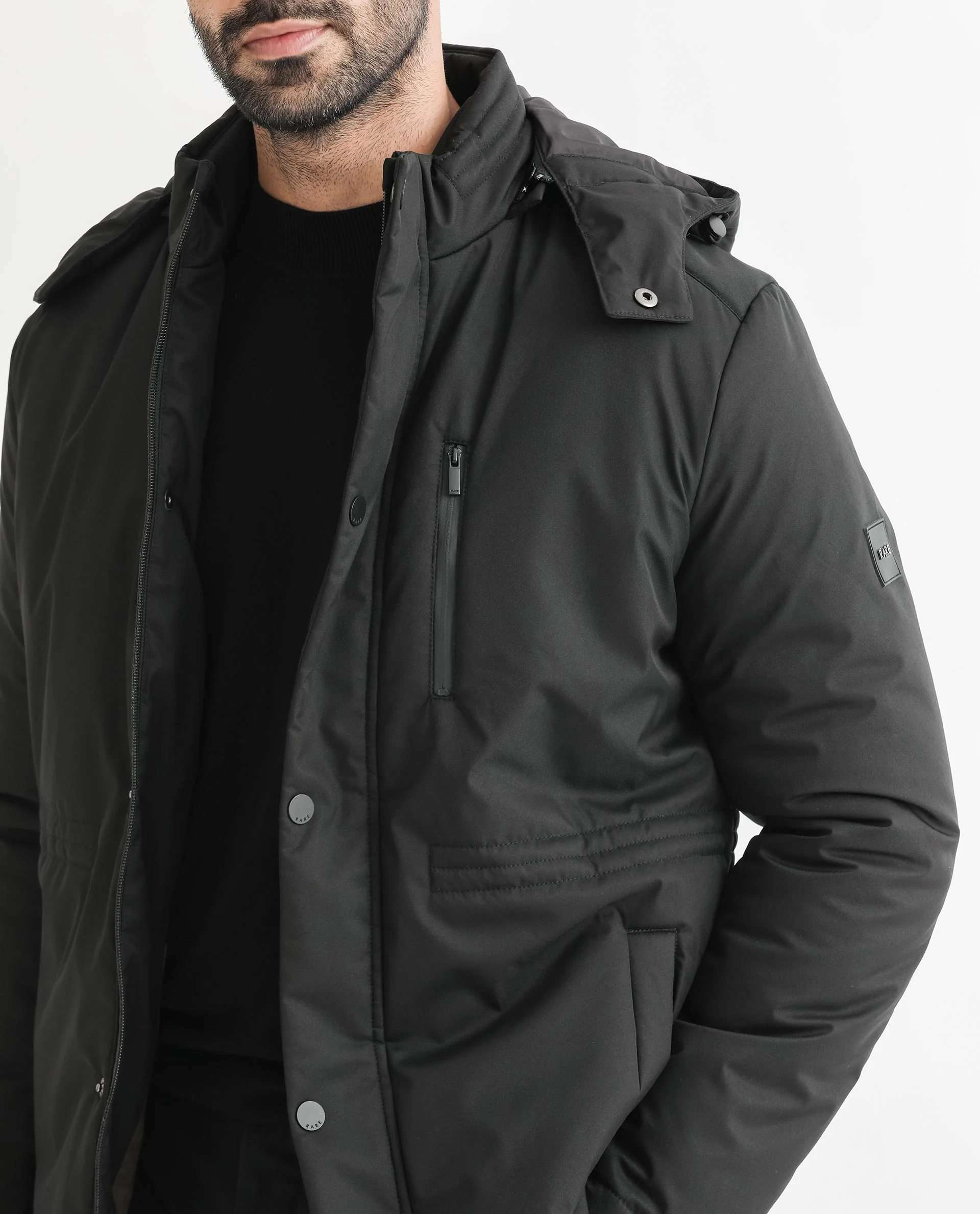 Rare Rabbit Men's Culture Black Polyester Plain Tailored Fit Full Sleeve Hooded Jacket - Image 2
