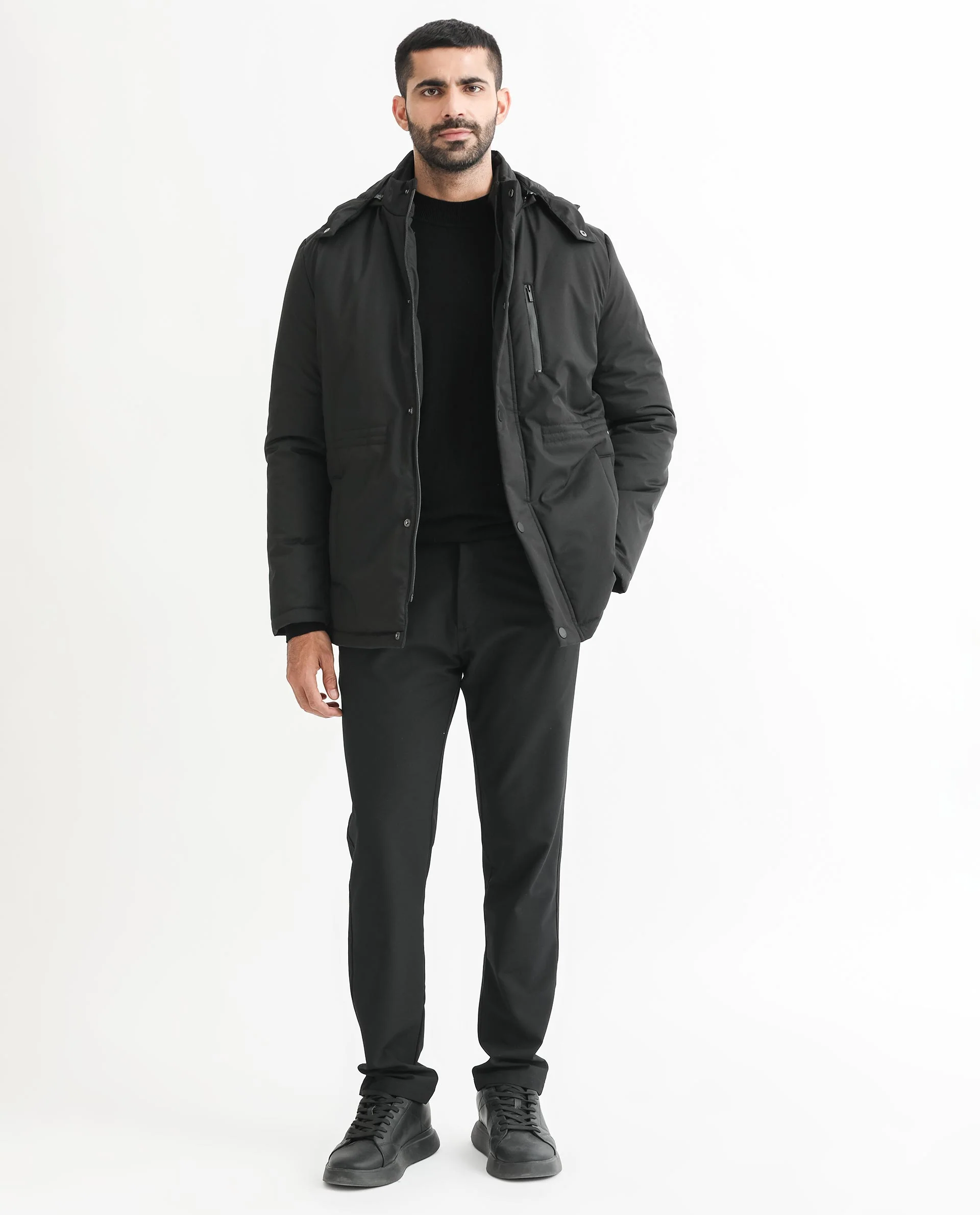 Rare Rabbit Men's Culture Black Polyester Plain Tailored Fit Full Sleeve Hooded Jacket - Image 3
