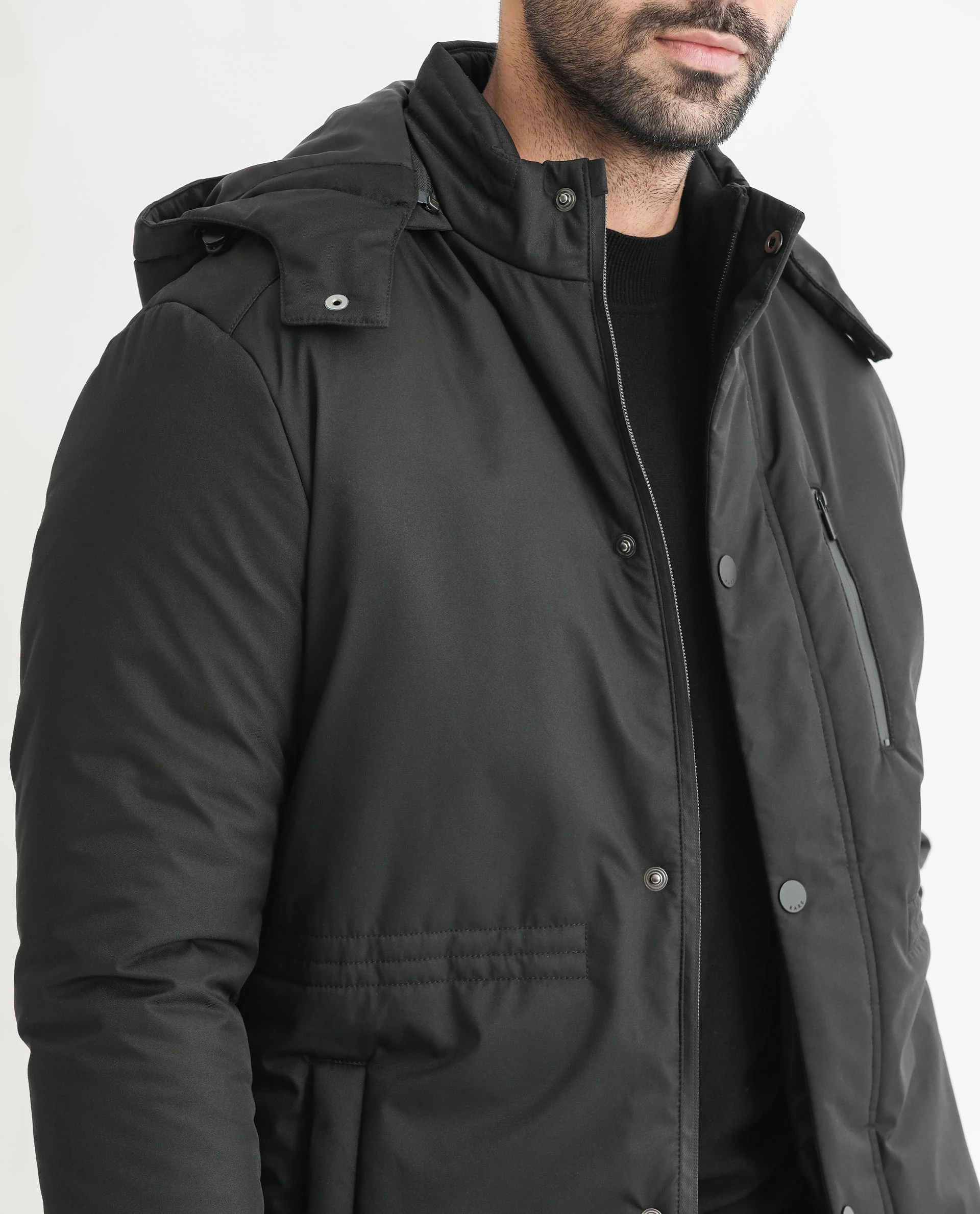 Rare Rabbit Men's Culture Black Polyester Plain Tailored Fit Full Sleeve Hooded Jacket - Image 4