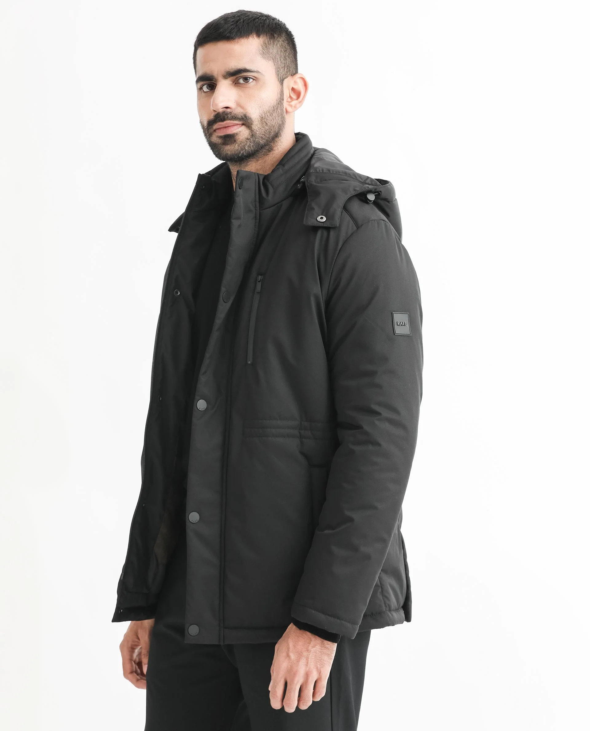 Rare Rabbit Men's Culture Black Polyester Plain Tailored Fit Full Sleeve Hooded Jacket - Image 5