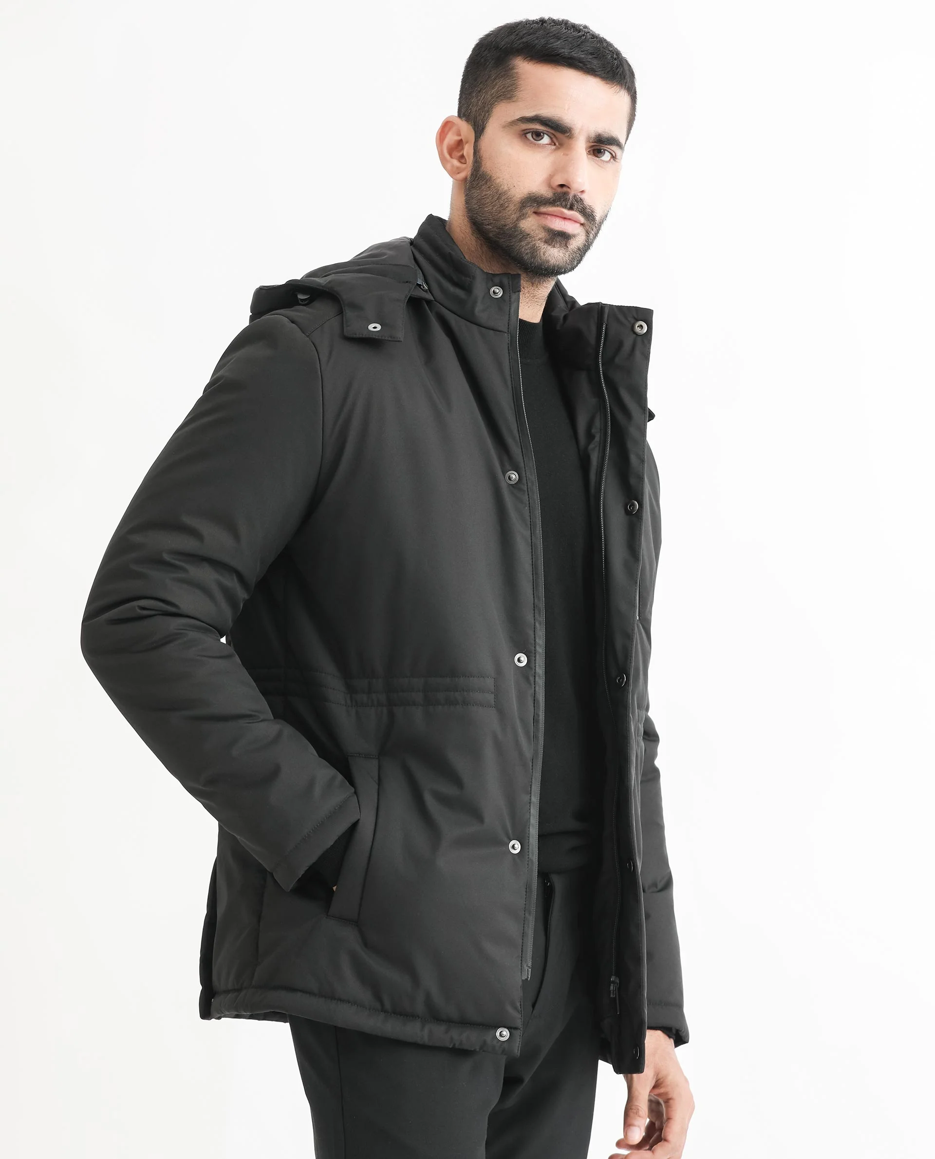 Rare Rabbit Men's Culture Black Polyester Plain Tailored Fit Full Sleeve Hooded Jacket - Image 6