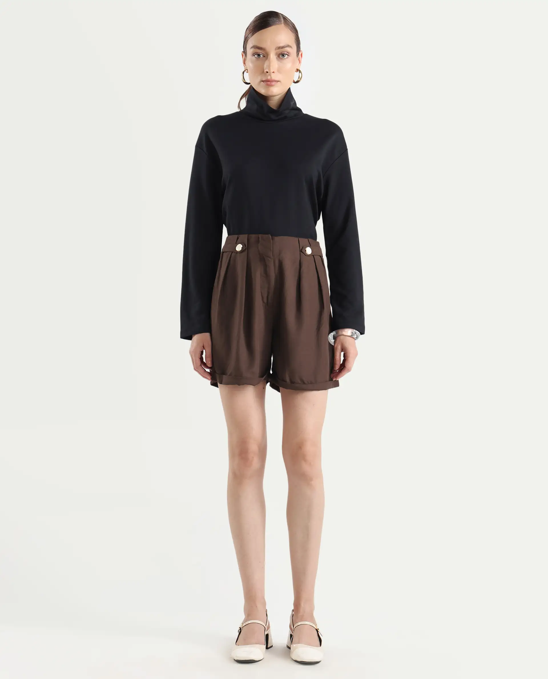 Rareism Women's Cunelo Brown Viscose Blend Plain Mini Regular Fit Shorts - Image 4