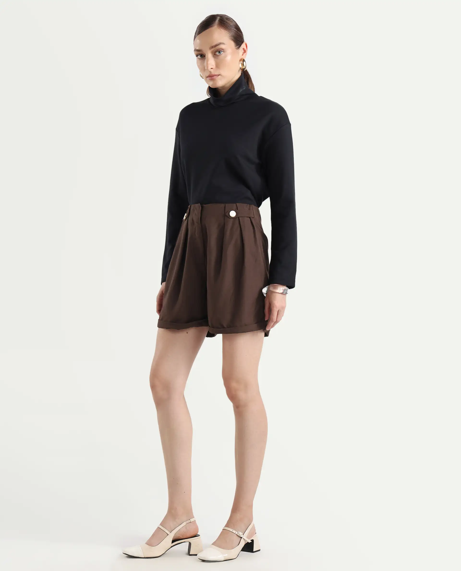 Rareism Women's Cunelo Brown Viscose Blend Plain Mini Regular Fit Shorts - Image 7