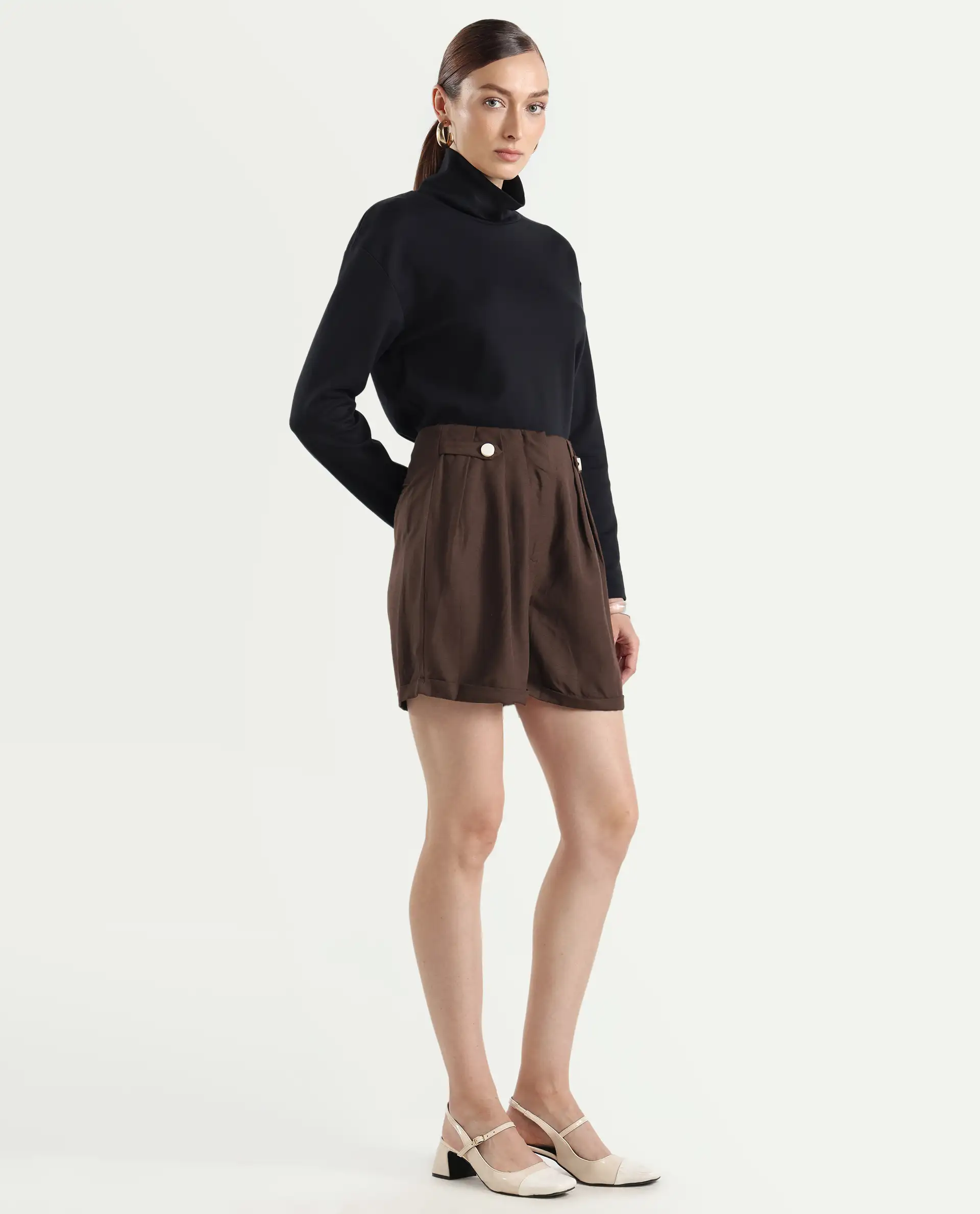 Rareism Women's Cunelo Brown Viscose Blend Plain Mini Regular Fit Shorts - Image 8