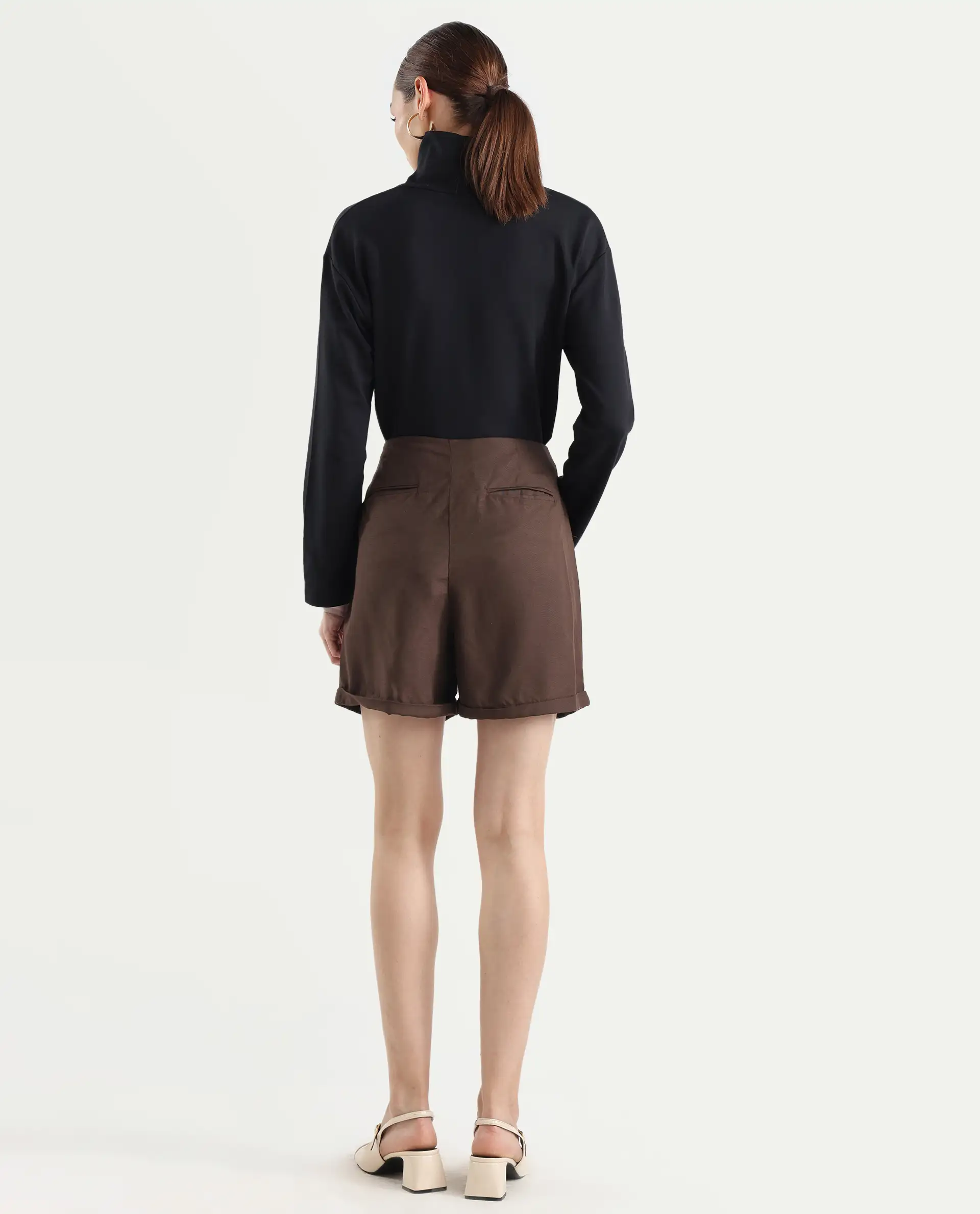 Rareism Women's Cunelo Brown Viscose Blend Plain Mini Regular Fit Shorts - Image 9