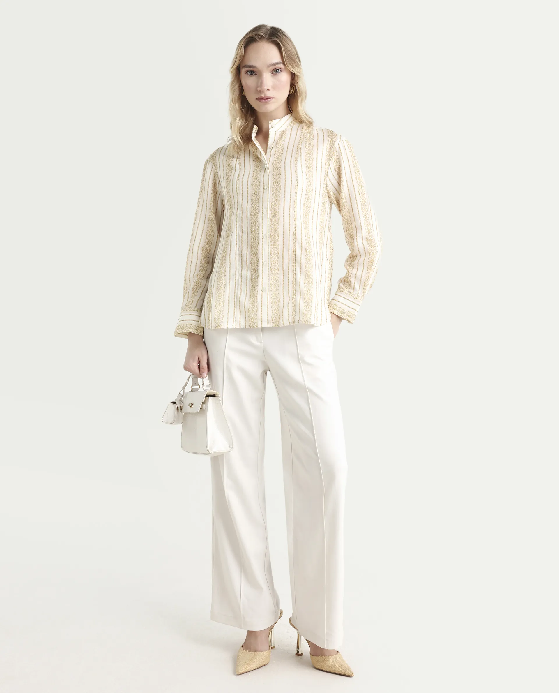 Rareism Women's Cuneo Beige Cotton Mandarin Collar Striped Cuffed Sleeve Regular Fit Shirt - Image 2